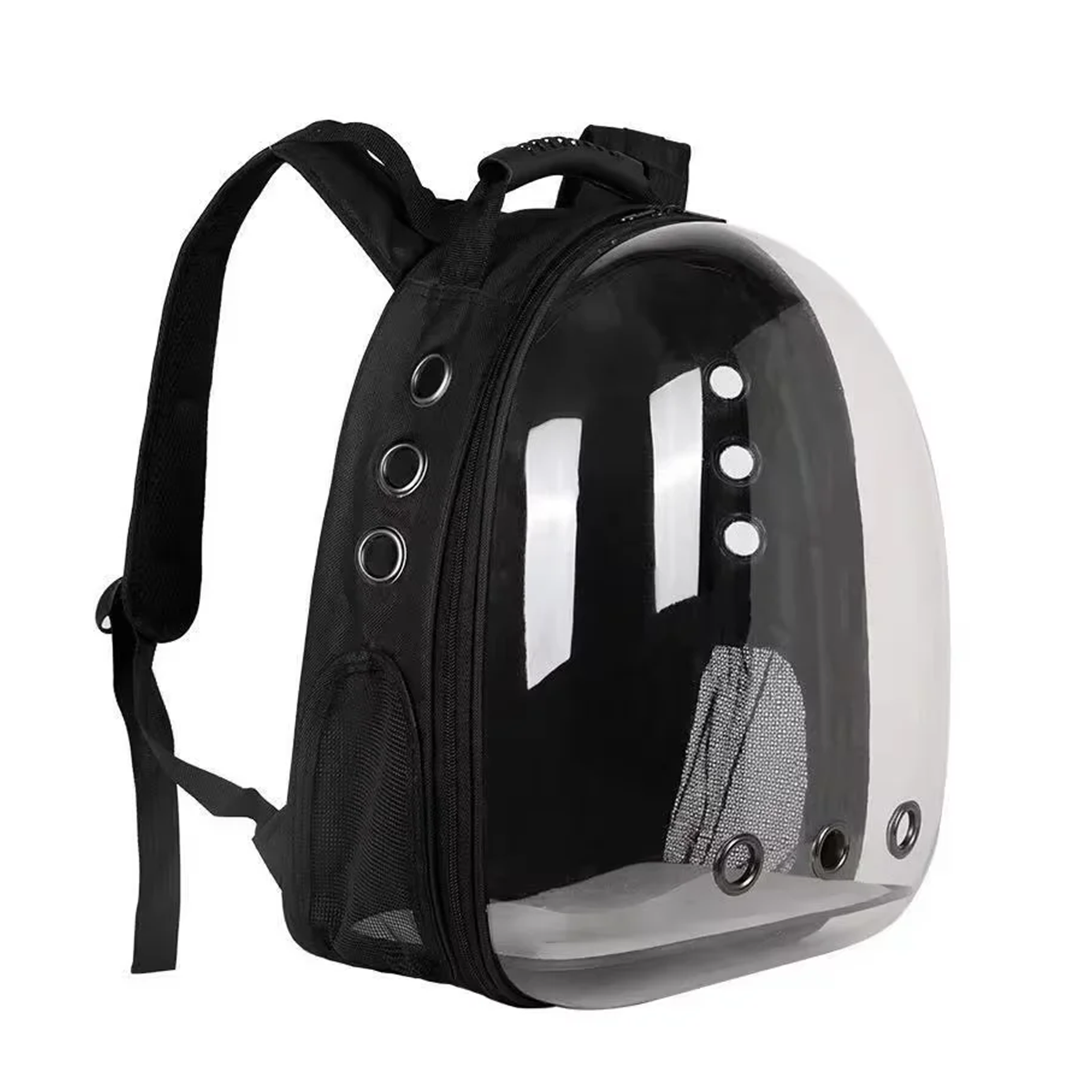 Black pet backpack with transparent front on a white background