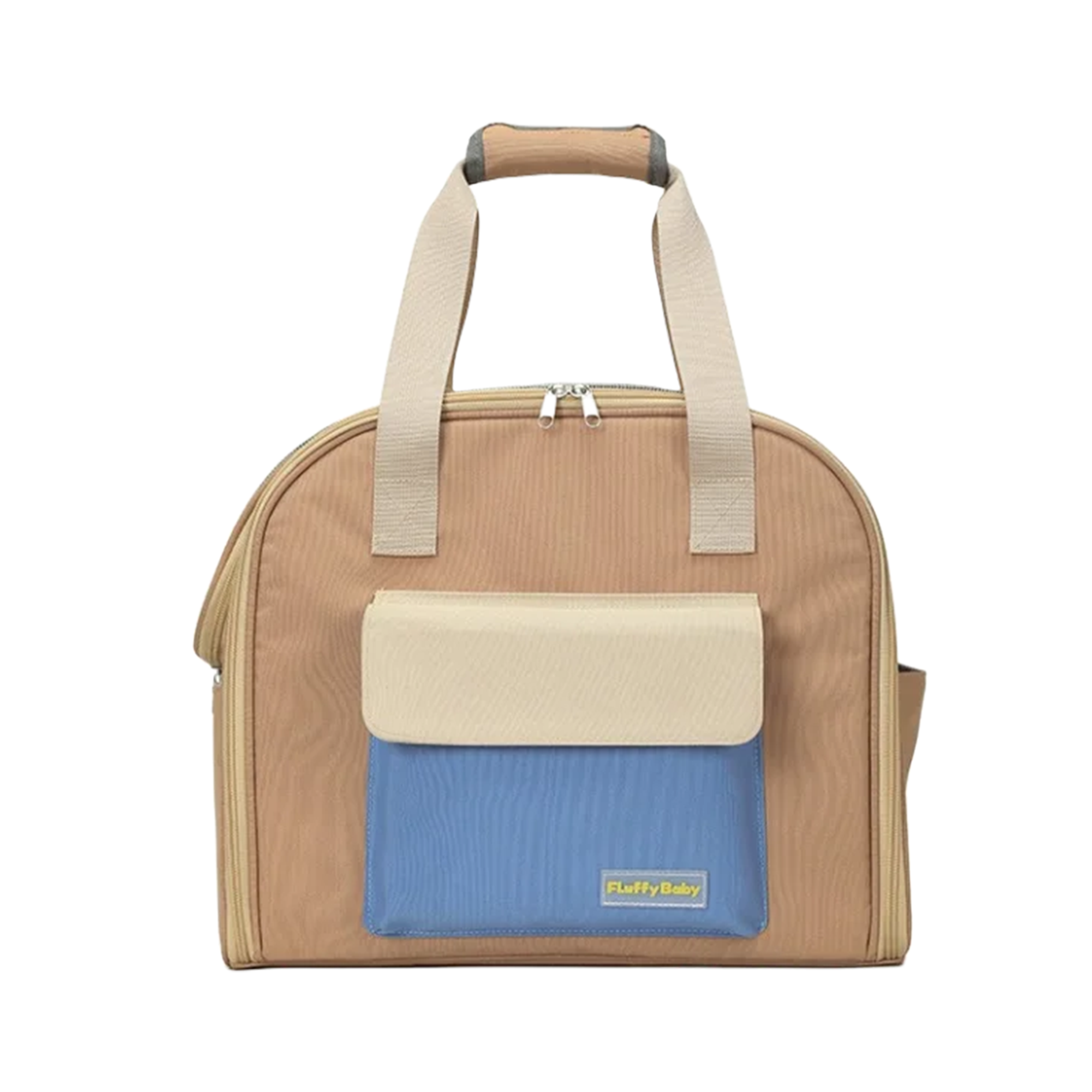 beige pet carrier on a white background