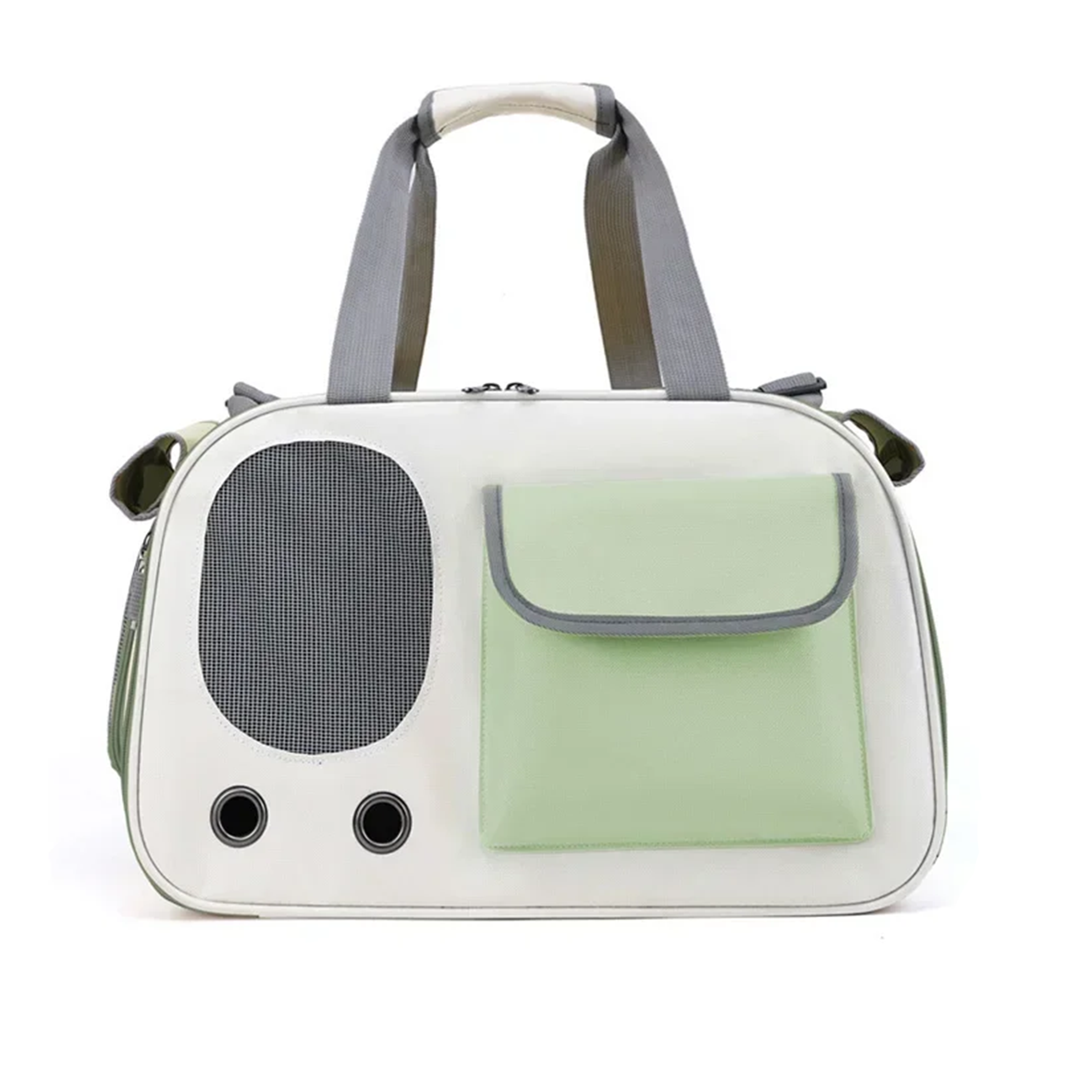white pet carrier with green pocket on a white background