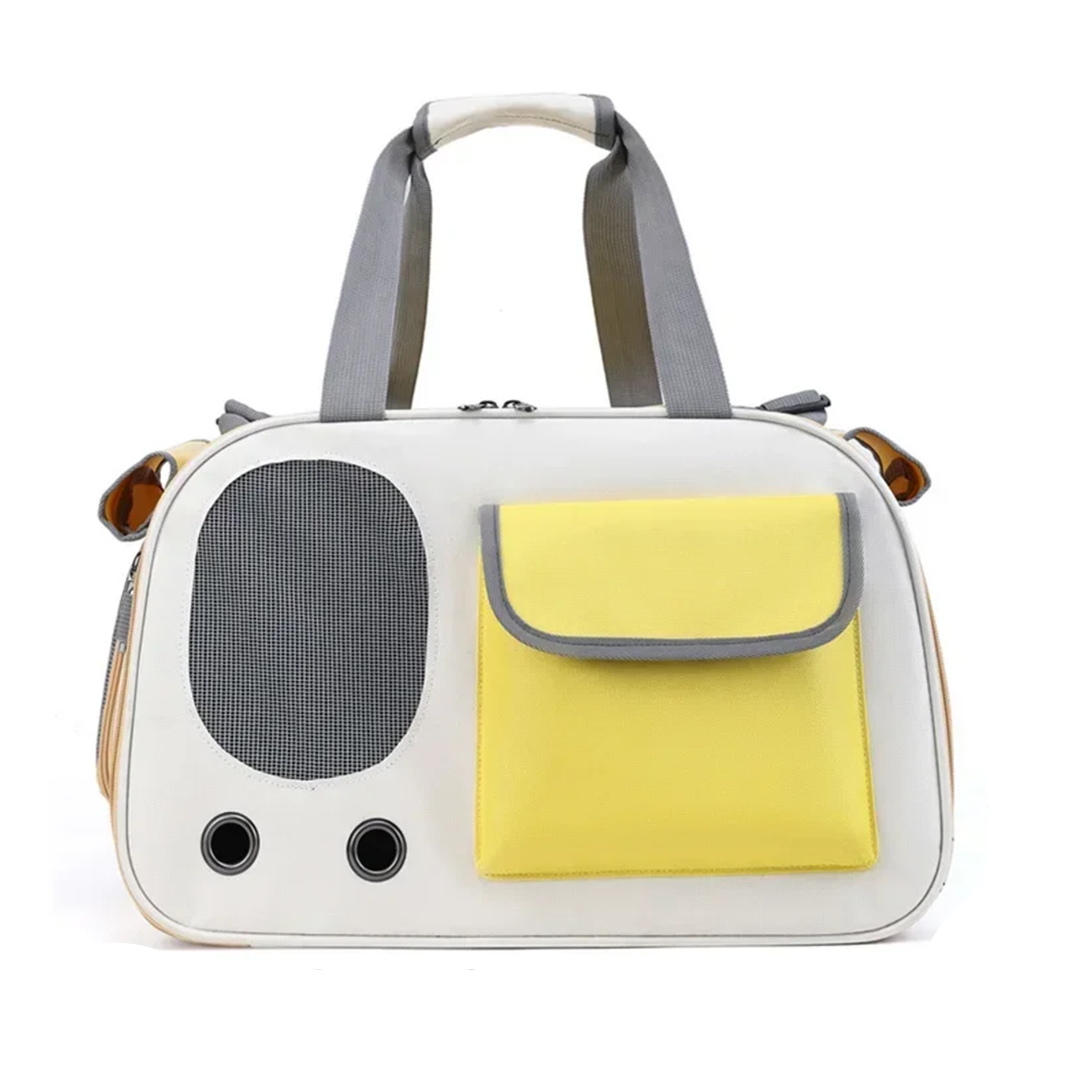 white pet carrier with yellow pocket on a white background
