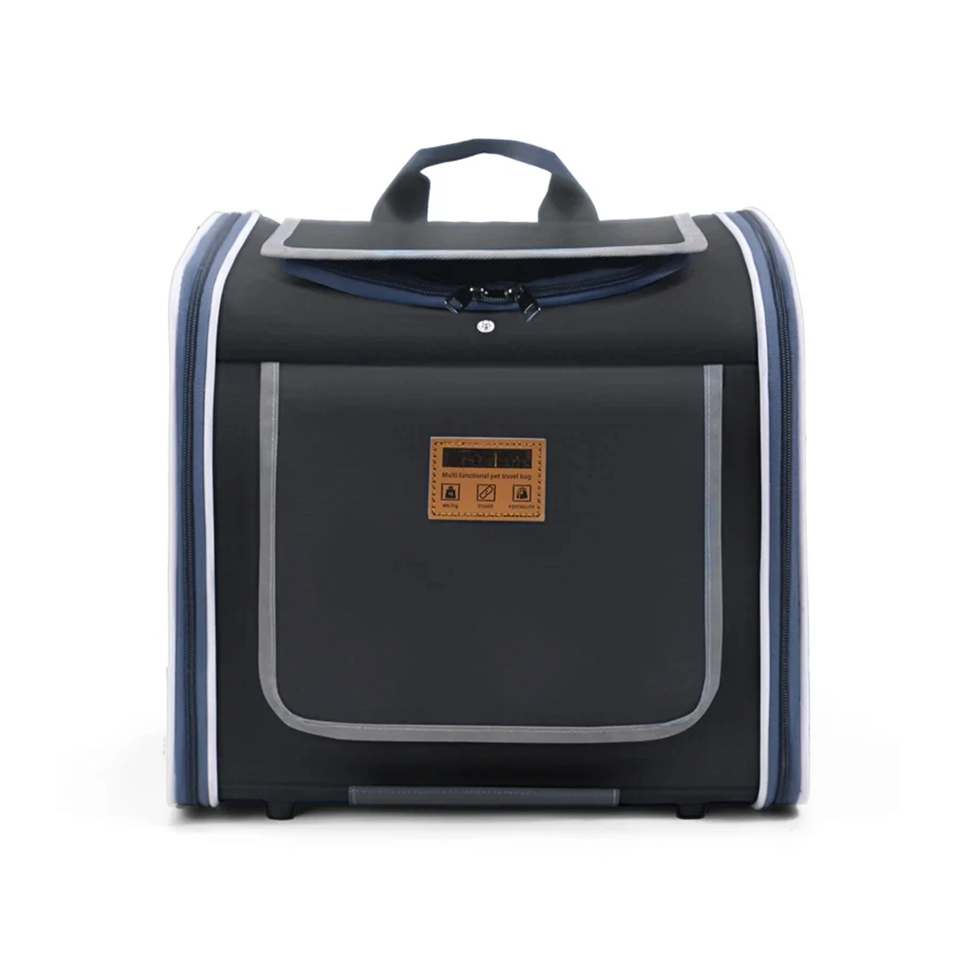 Black pet carrier with gray accents on a white background