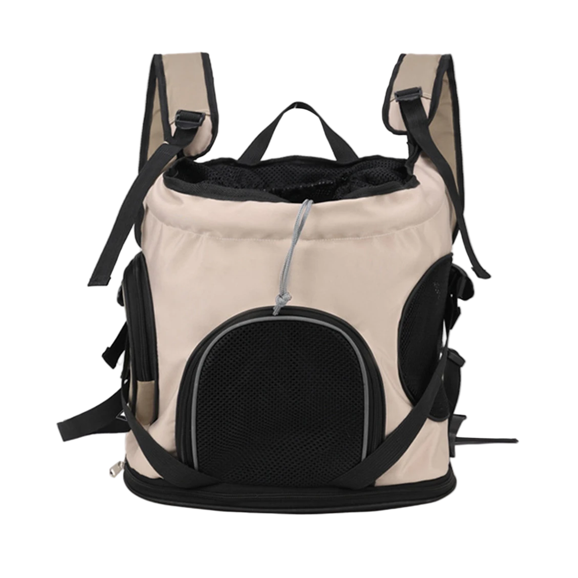 Beige and black pet carrier backpack on a white background