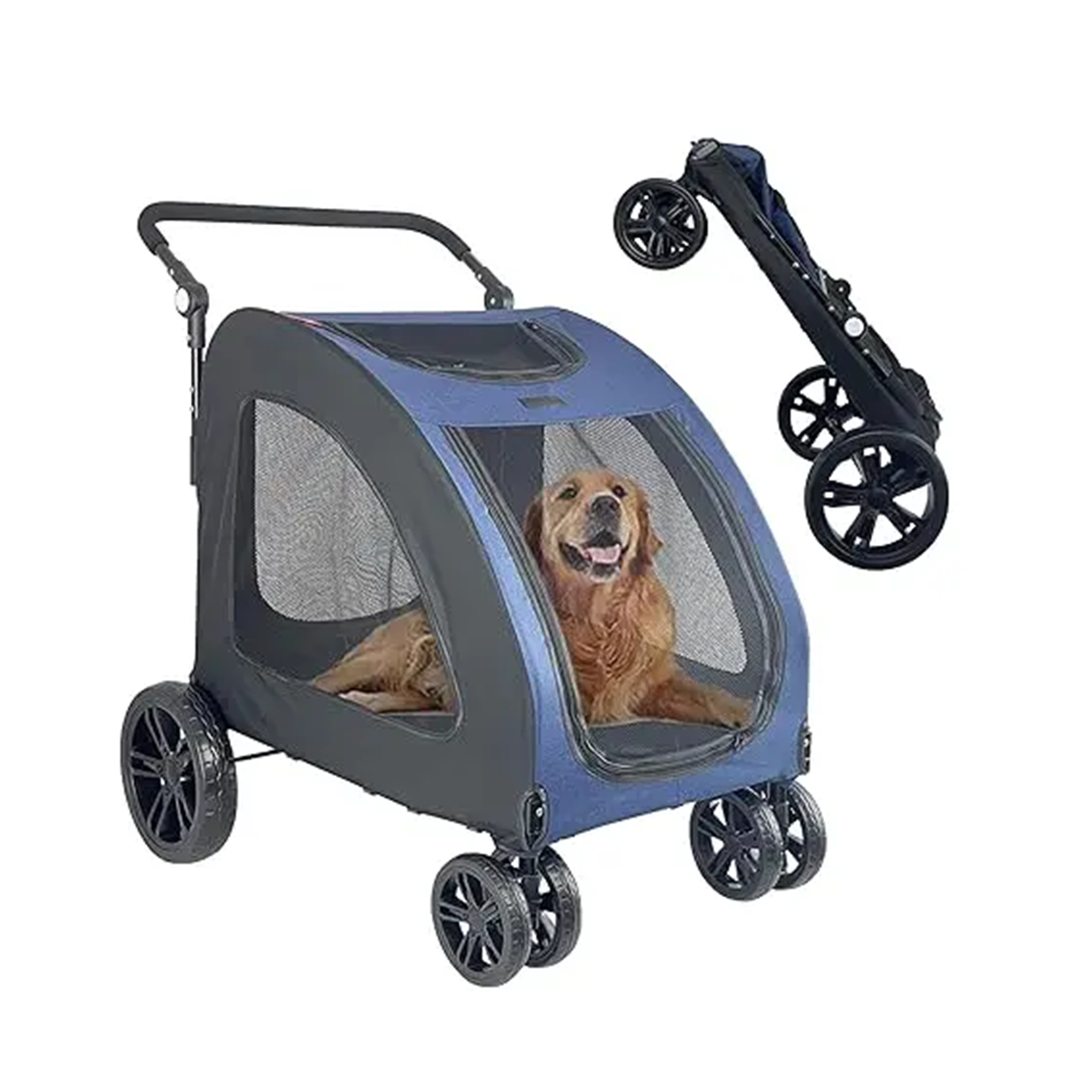 Pet stroller with a dog inside on a white background