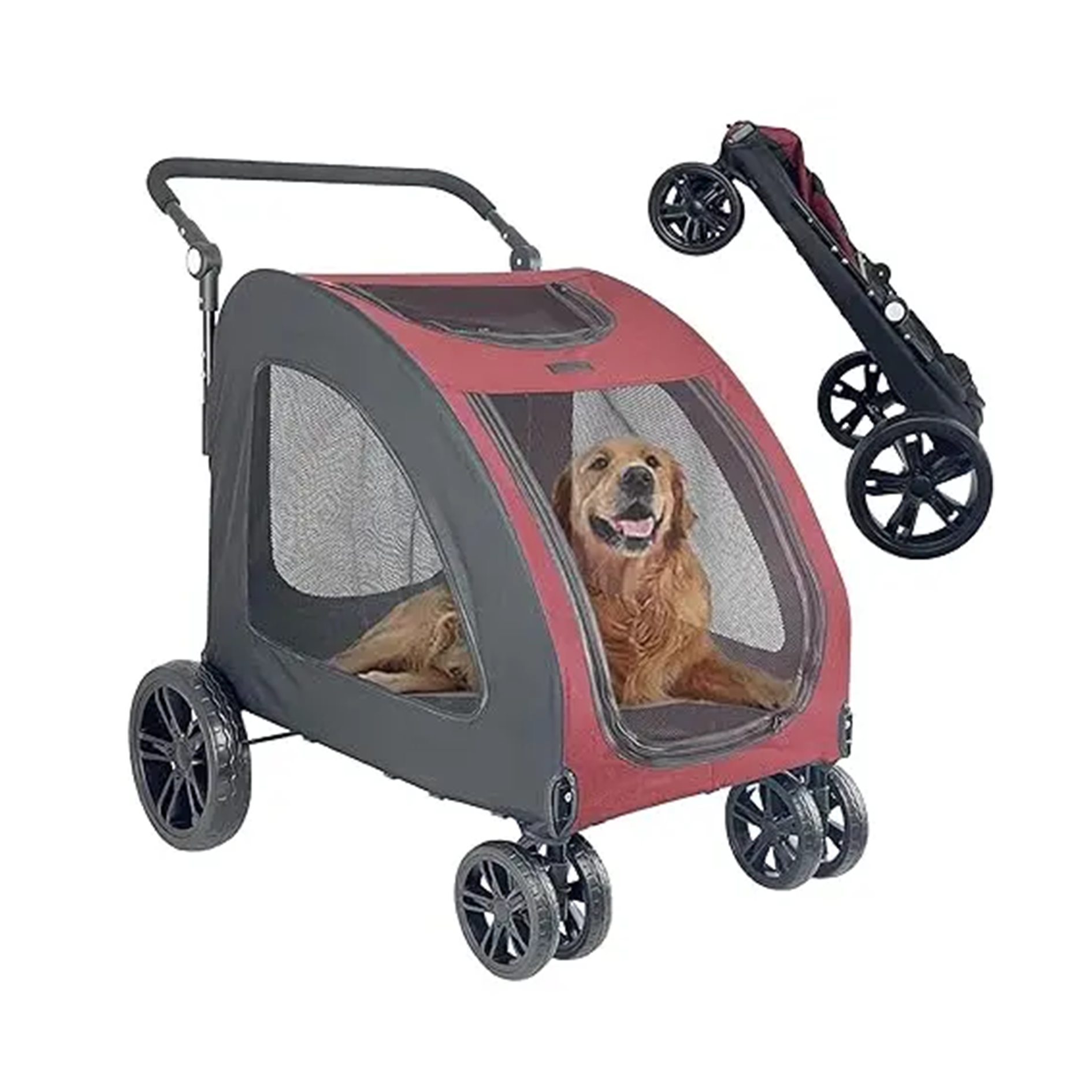 Red and gray pet stroller with a dog inside, on a white background