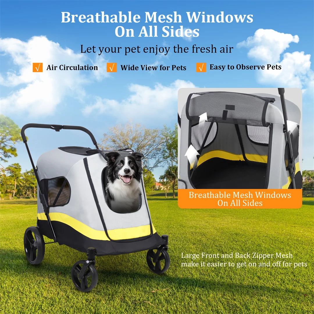 Pet stroller with breathable mesh windows on all sides, featuring a dog inside, with a scenic background.