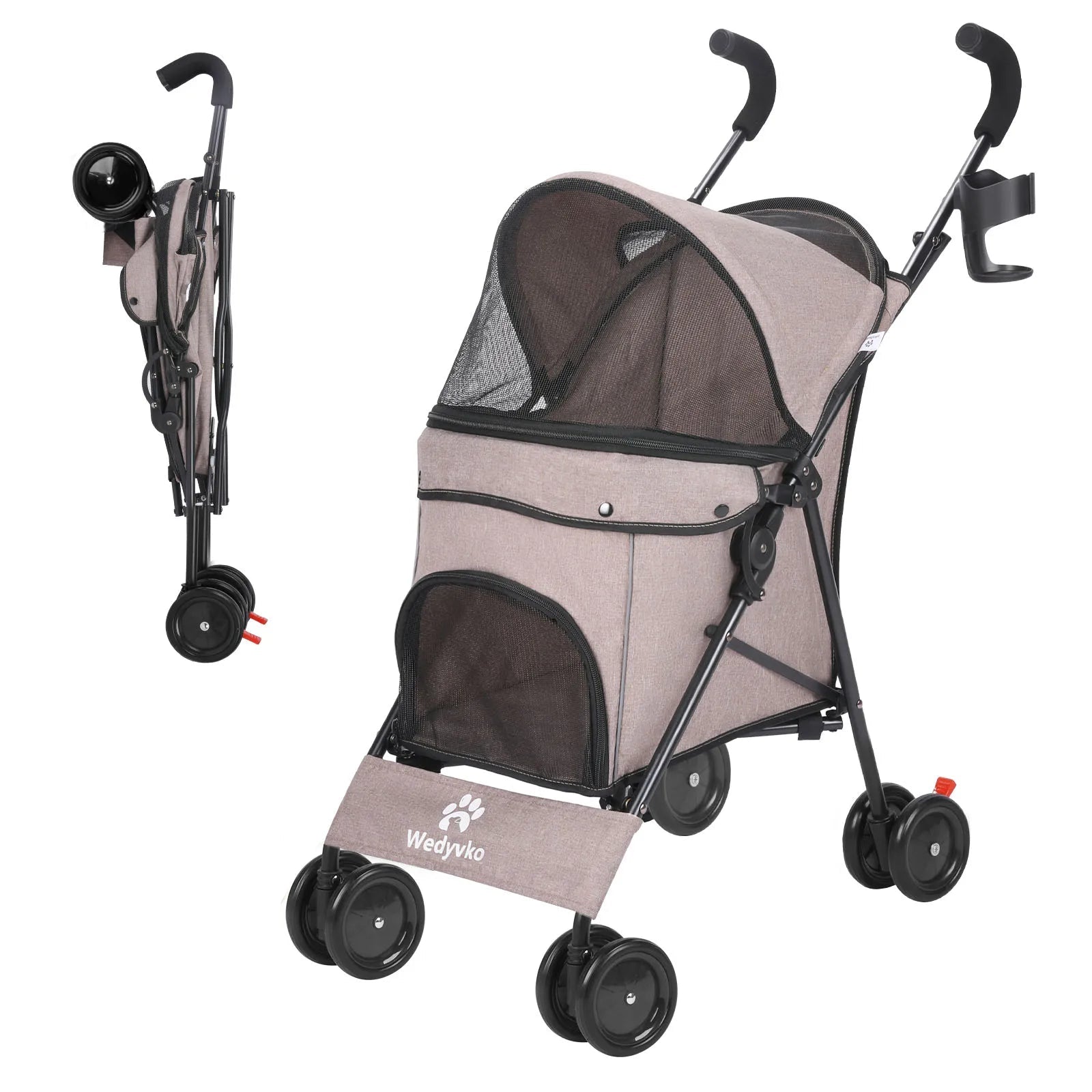 Pet stroller with a small dog sitting next to it on a white background