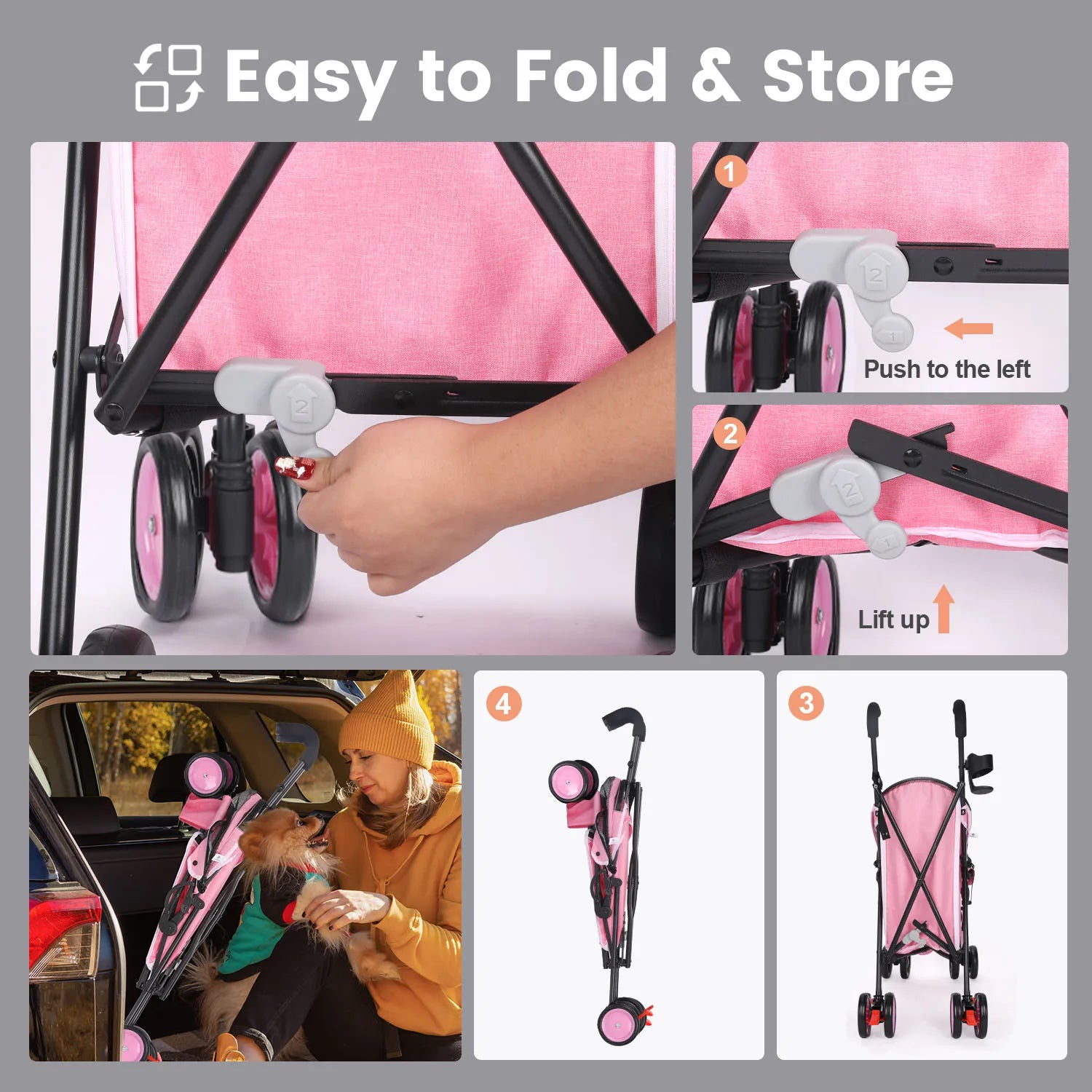 Collage of a pink stroller being folded and stored, with text 'Easy to Fold & Store'.