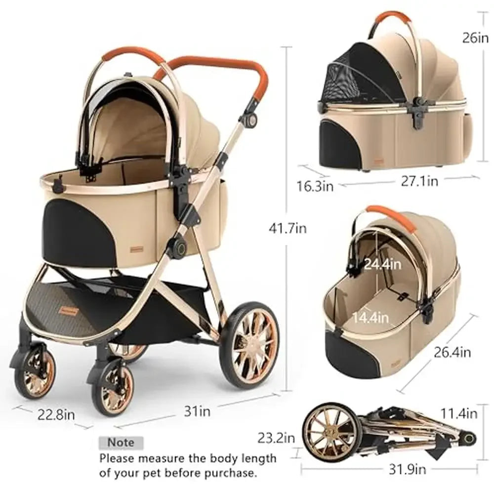 Beige pet stroller with dimensions and features displayed