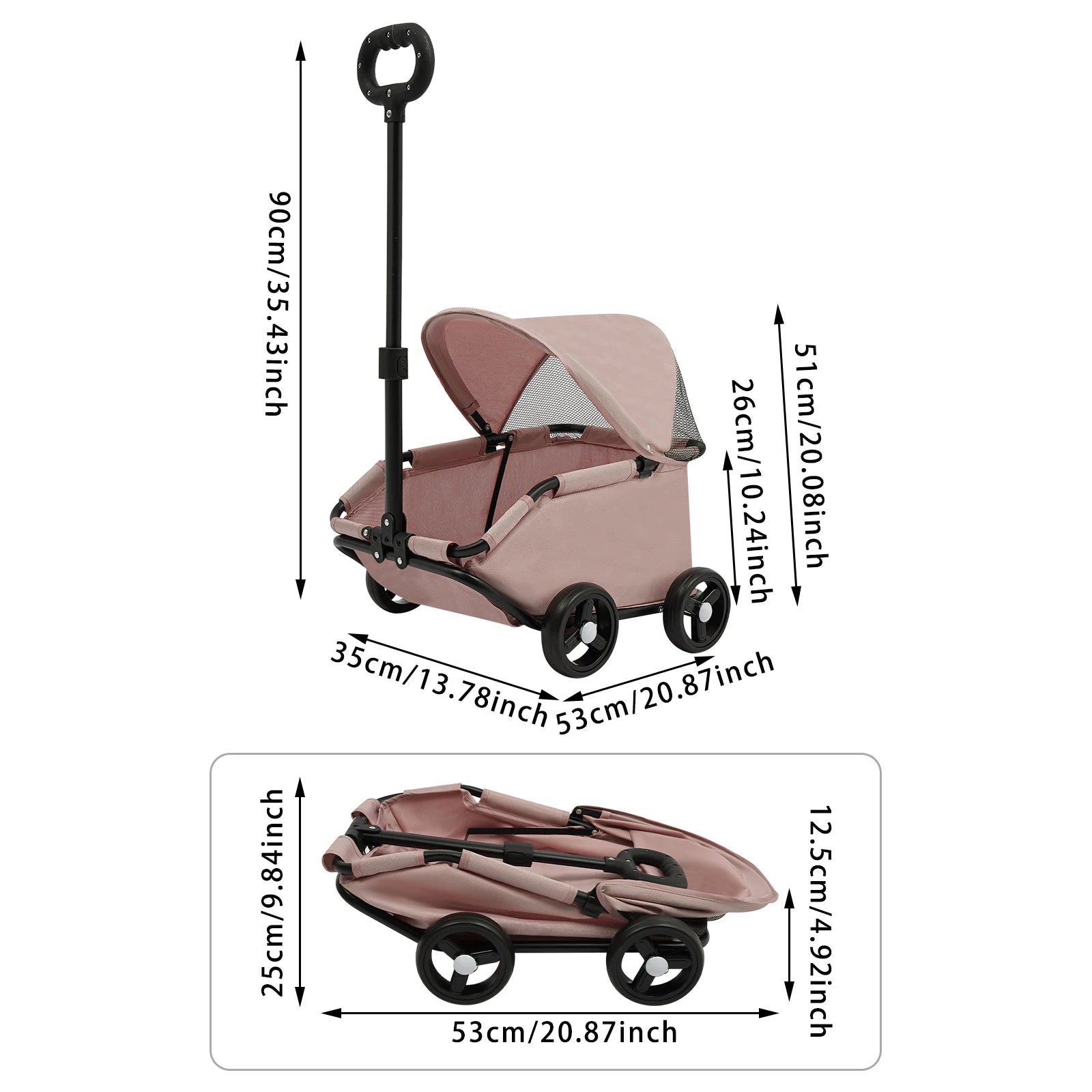 Measurement chart of a baby stroller with dimensions labeled