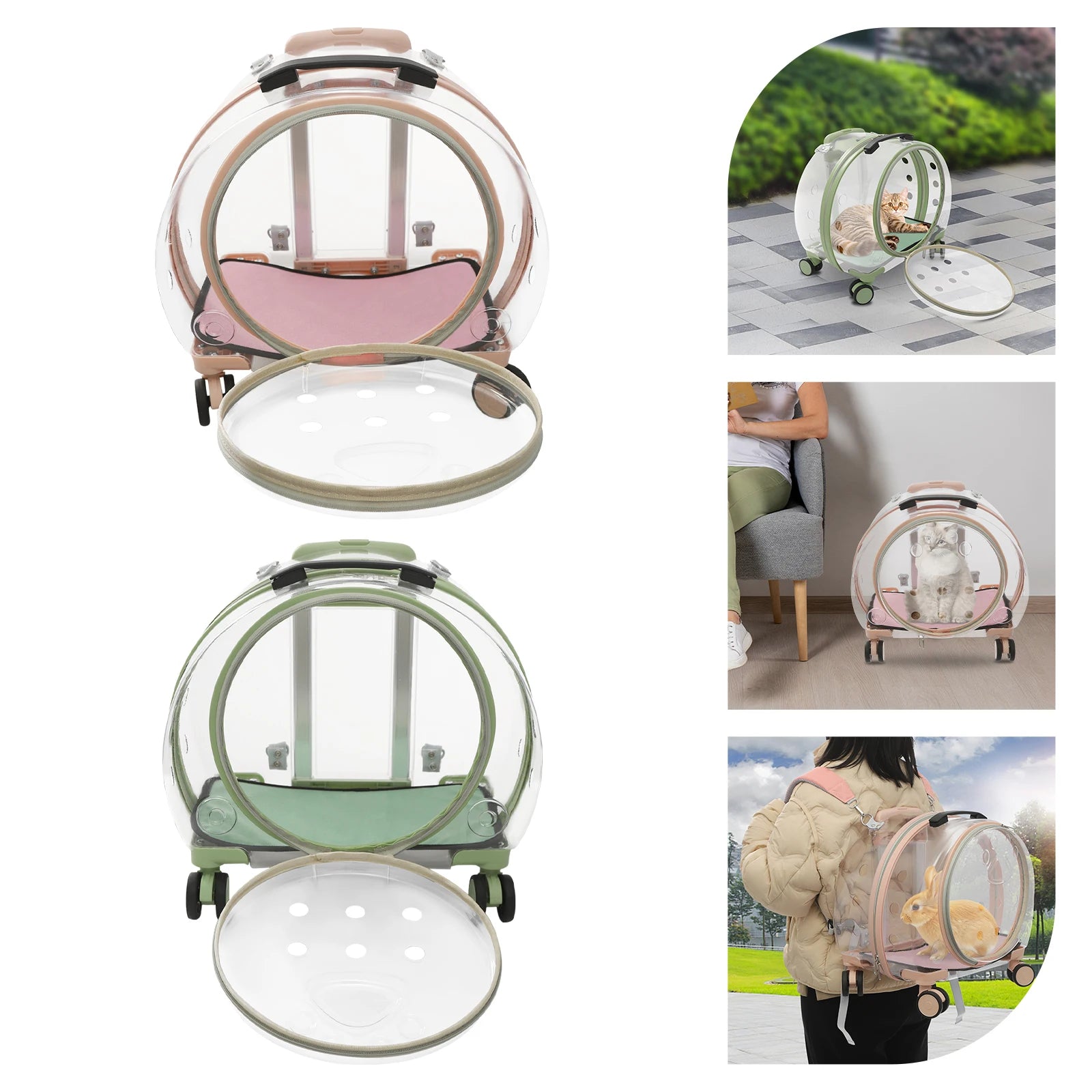Pet carrier with transparent design and wheels, shown in various settings.