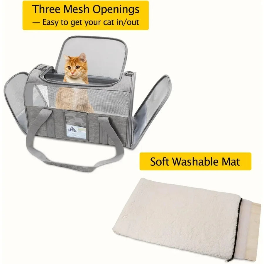 Pet carrier with mesh openings and a soft washable mat on a white background