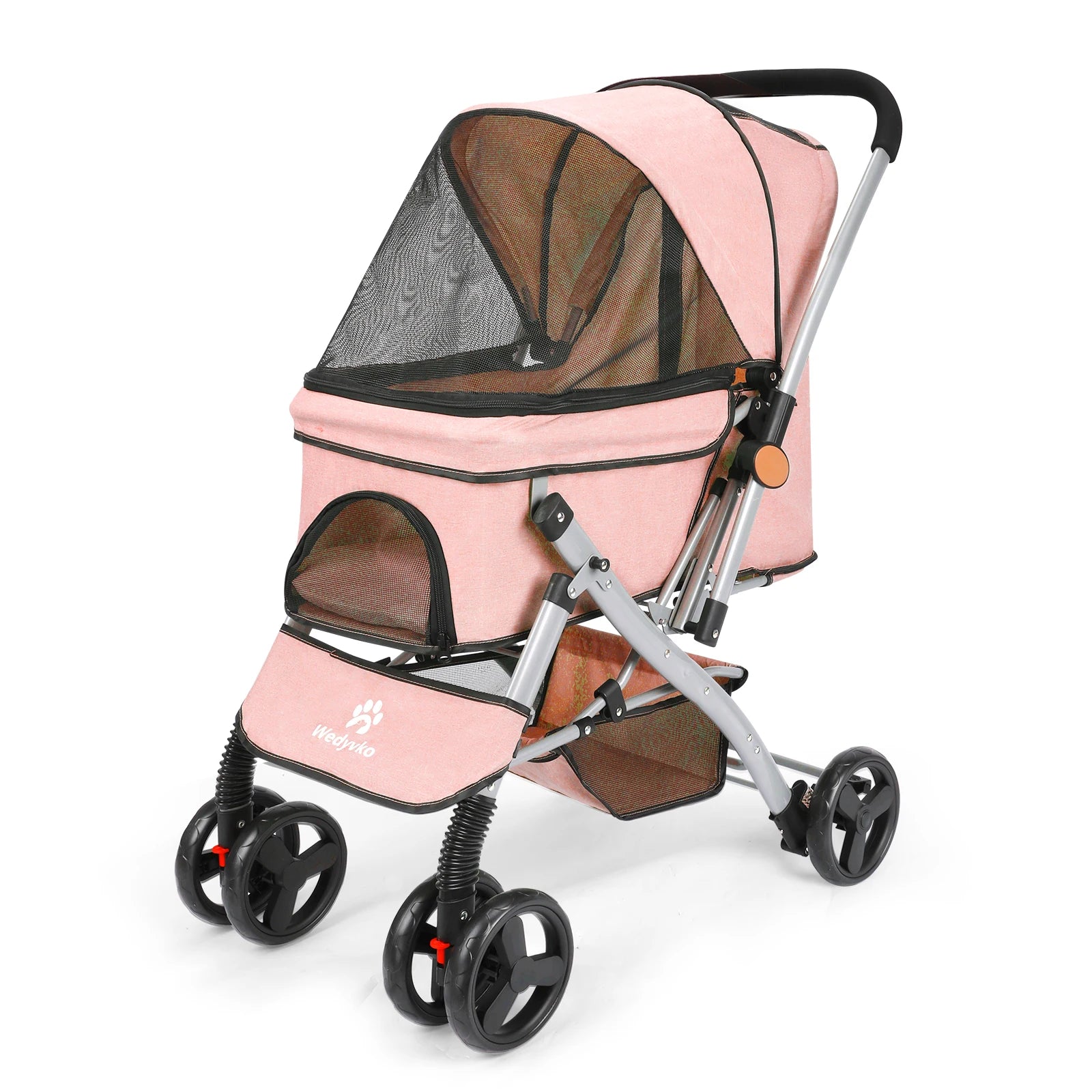 Pink pet stroller with mesh sides on a white background
