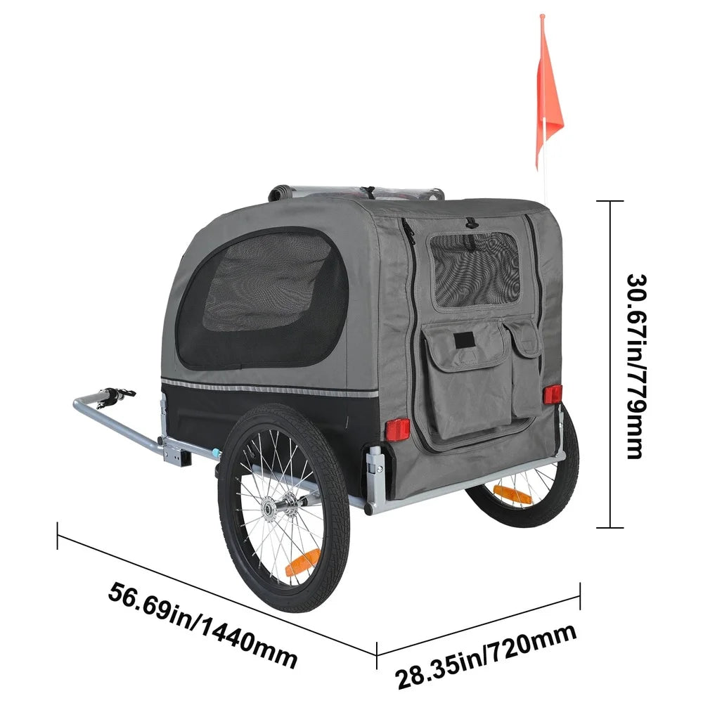 Gray pet bike trailer with dimensions indicated on a white background