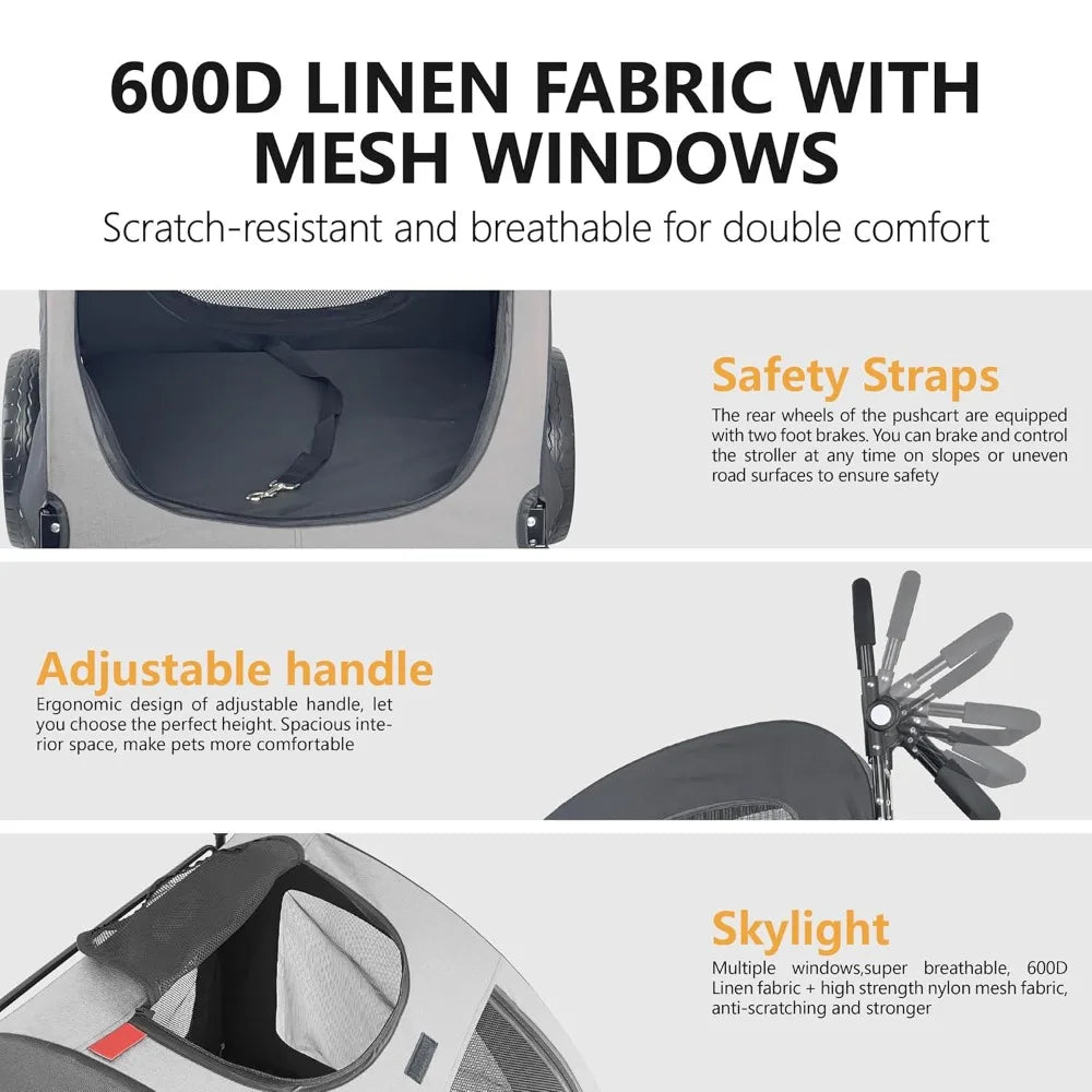 Product features of a pushchair with text highlighting 600D linen fabric, mesh windows, safety straps, adjustable handle, and Skylight.
