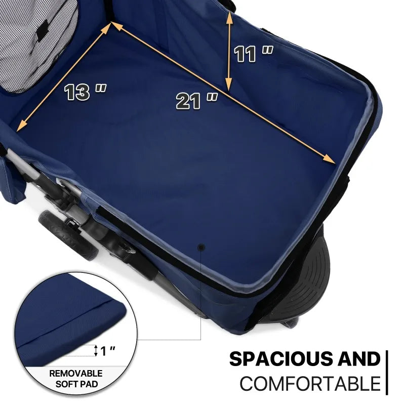 Navy blue stroller cover with measurements and text indicating spaciousness and comfort.