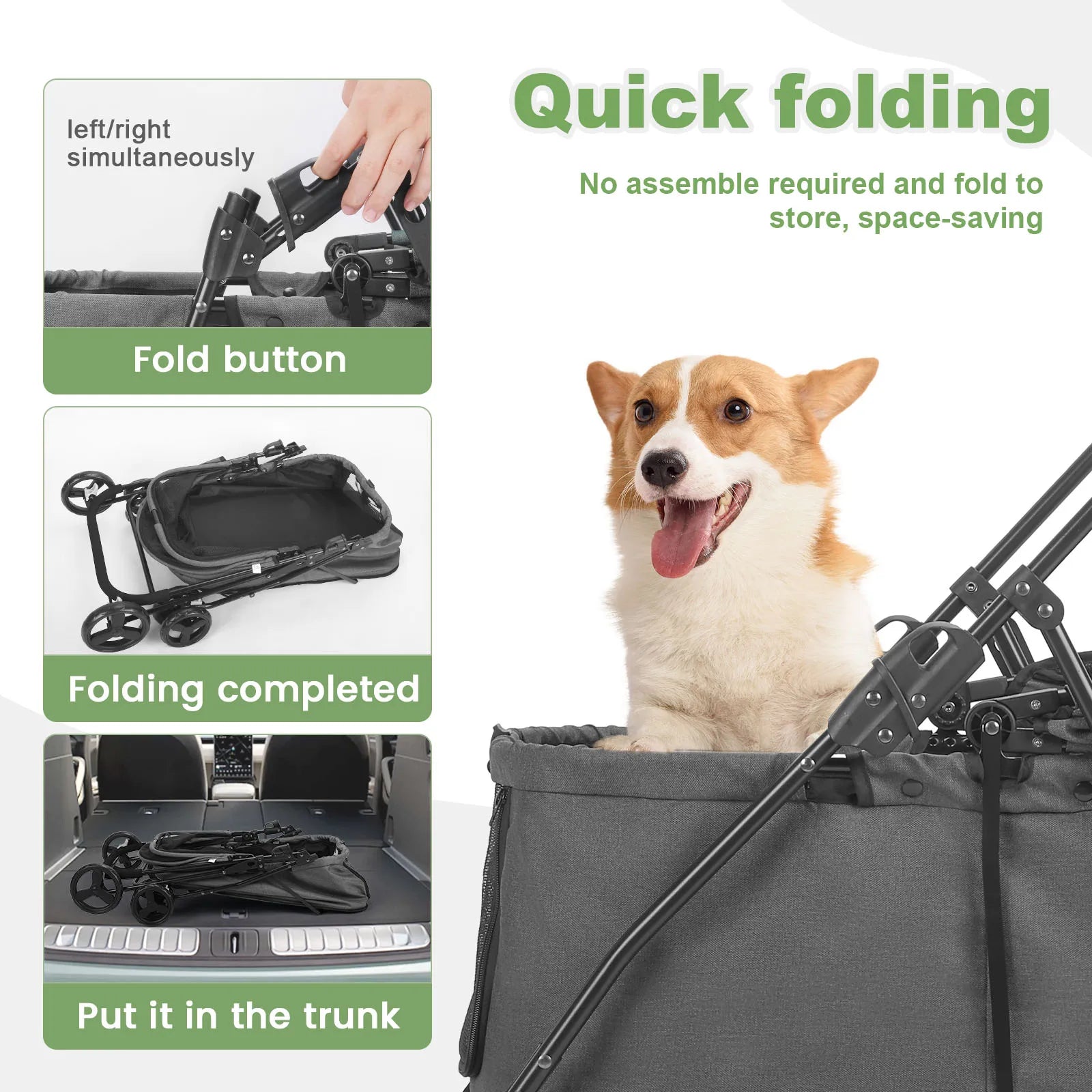 Pet stroller with folding mechanism and a dog inside, on a white background.