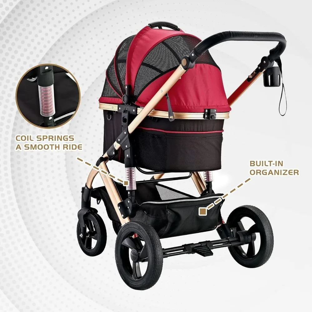 Red and black stroller with coil springs and built-in organizer features highlighted.