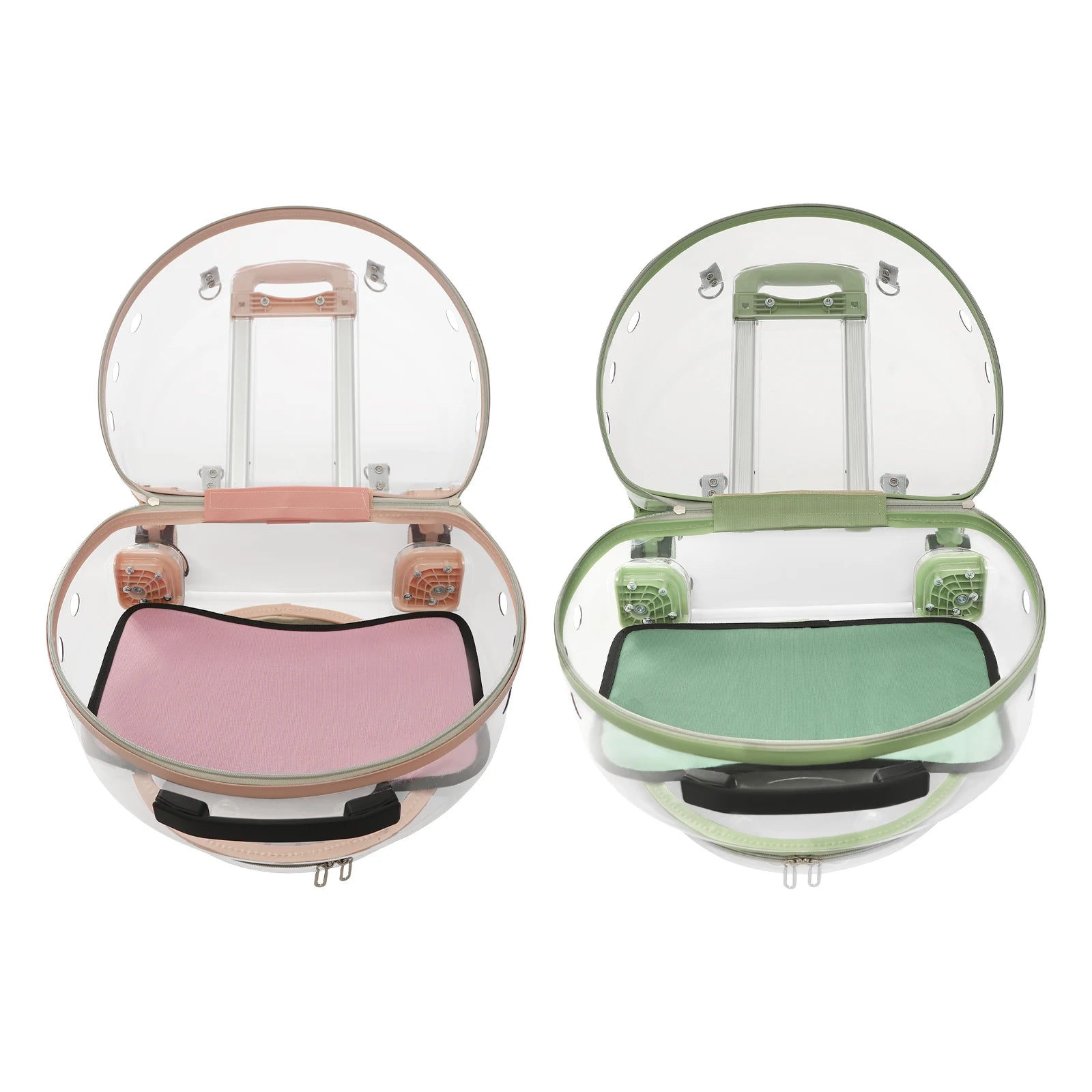Two clear suitcase covers with pink and green interior accents on a white background