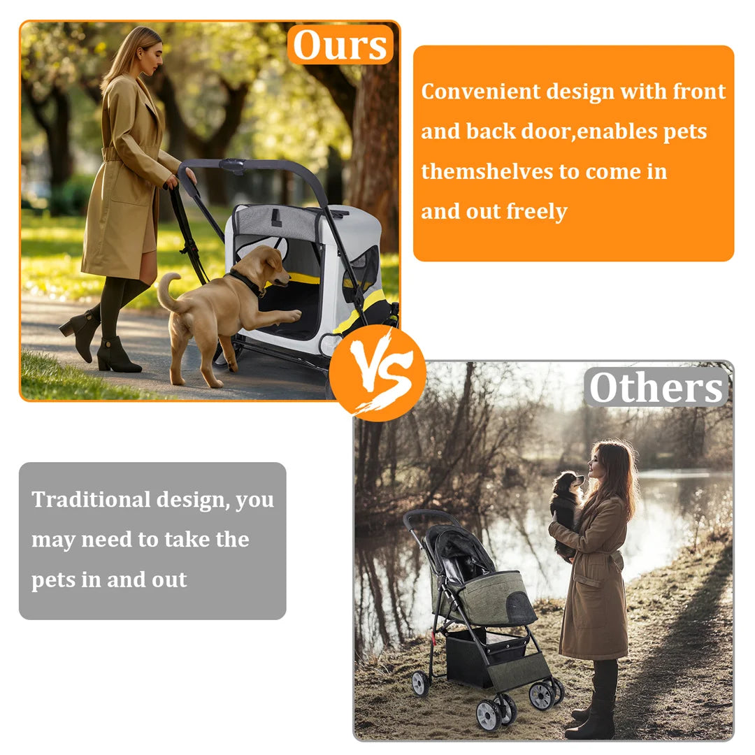 Comparison of a pet stroller with 'Ours' design and traditional design on a scenic background.
