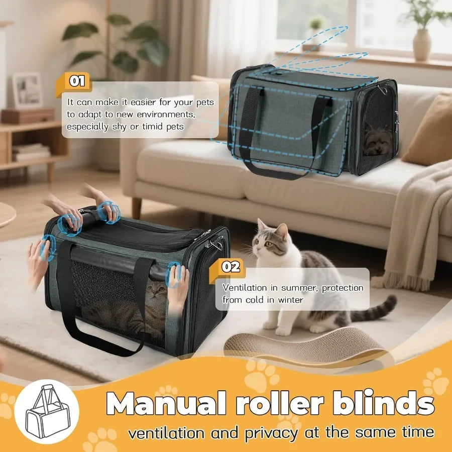 Pet carrier with manual roller blinds for ventilation and privacy, placed on a couch in a living room.