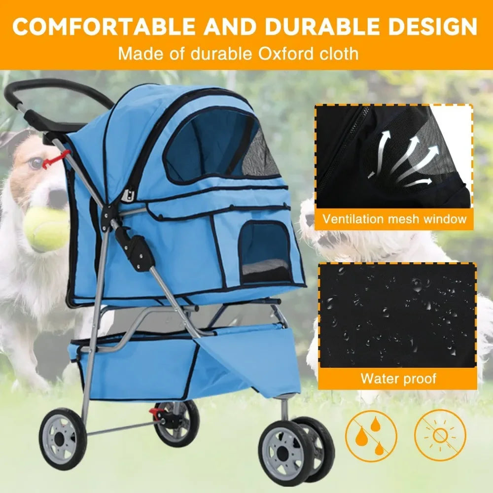 Blue pet stroller with durable Oxford cloth, ventilation mesh window, and waterproof features on a green background.