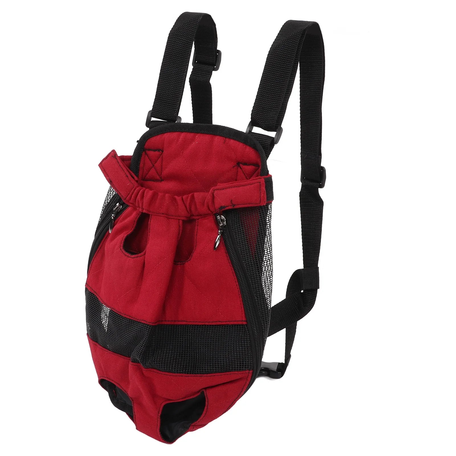 Red pet carrier with black straps on a white background