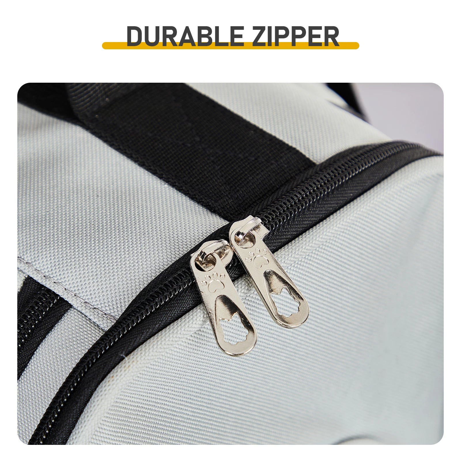 Close-up of a durable zipper on a bag with 'Durable Zipper' text above.