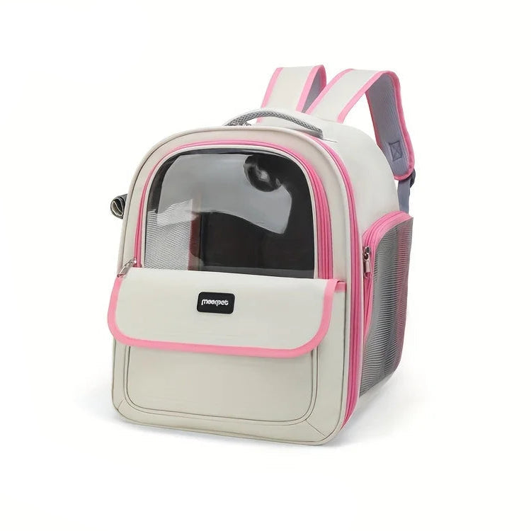Pet carrier backpack with pink accents on a white background