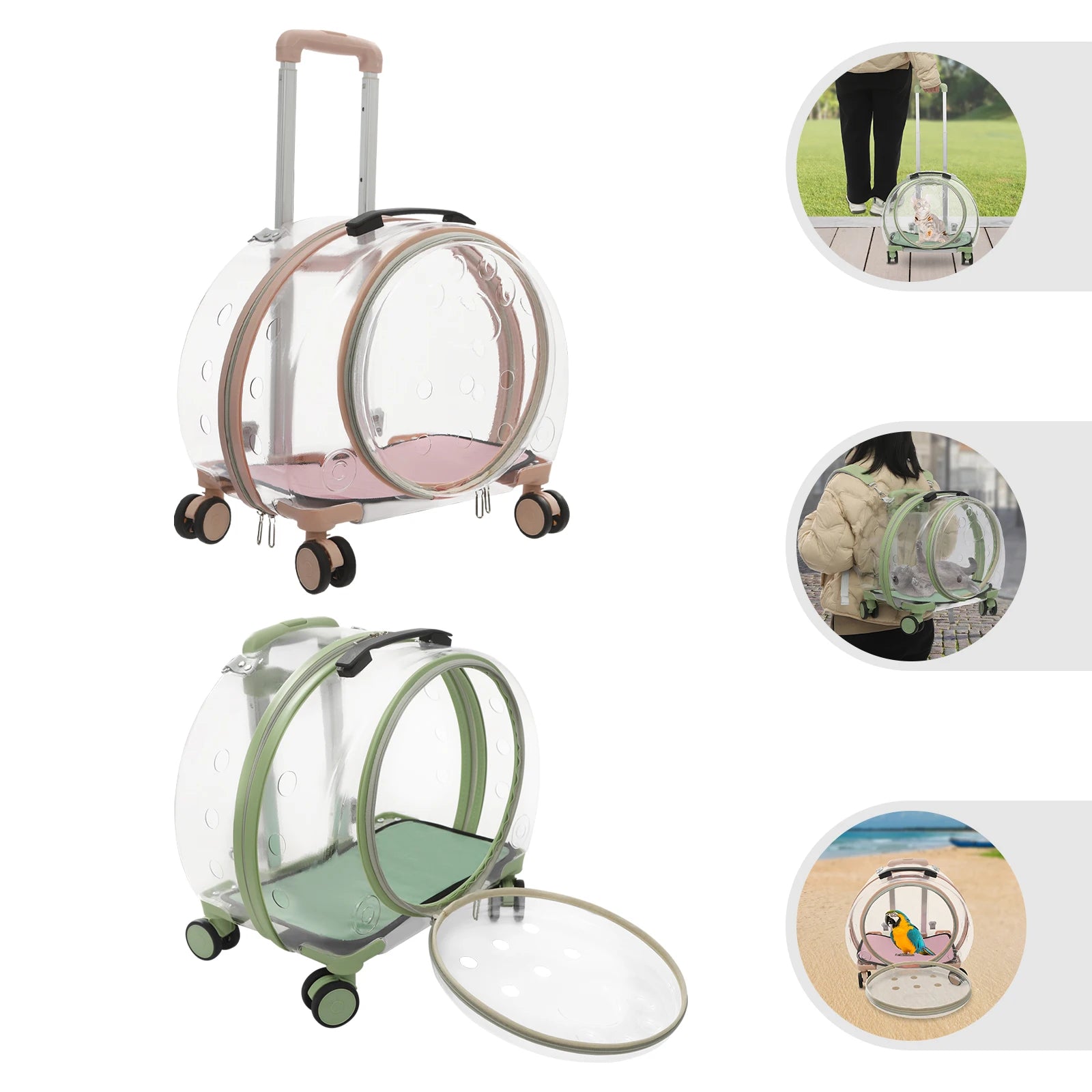 Transparent luggage cart with wheels on a white background