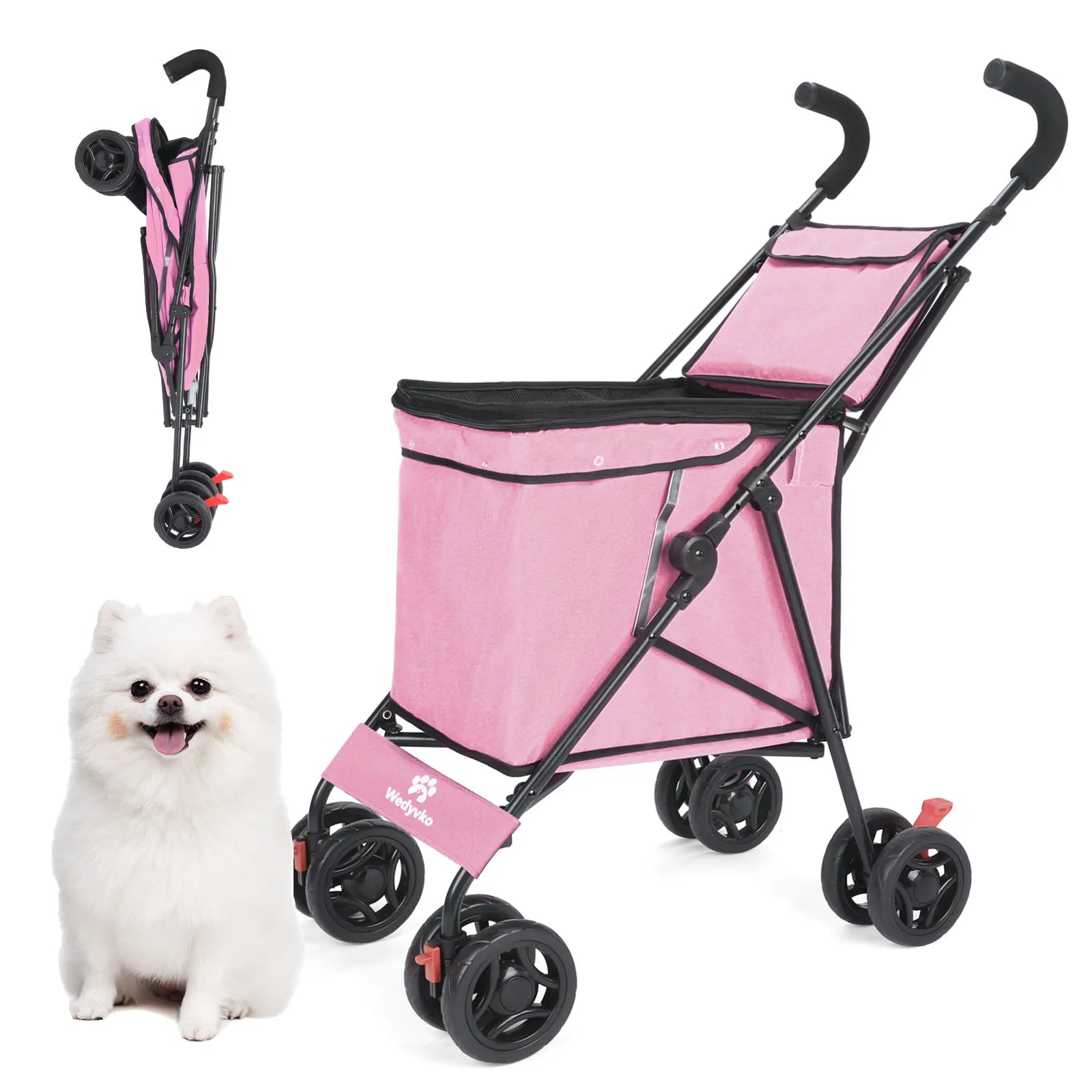 Pink pet stroller with black frame and wheels, accompanied by a small white dog on a white background.