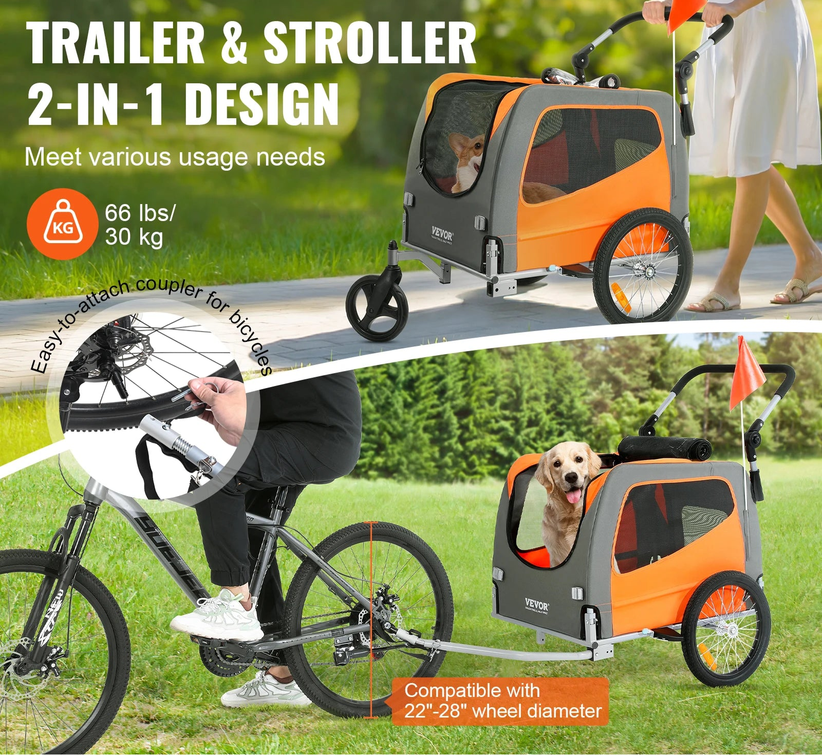 Vevor trailer and stroller 2-in-1 design for pets with bicycle attachment on grass.