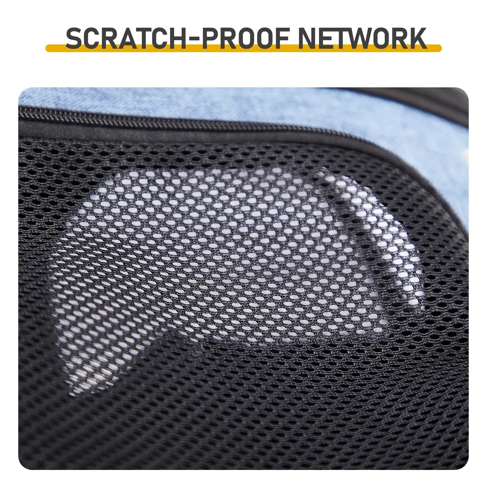 Scratch-proof network material on a product with text overlay