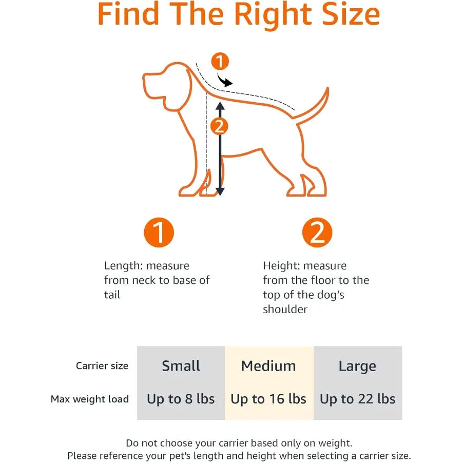 Instructions for measuring a dog to find the right carrier size with measurements and weight limits.