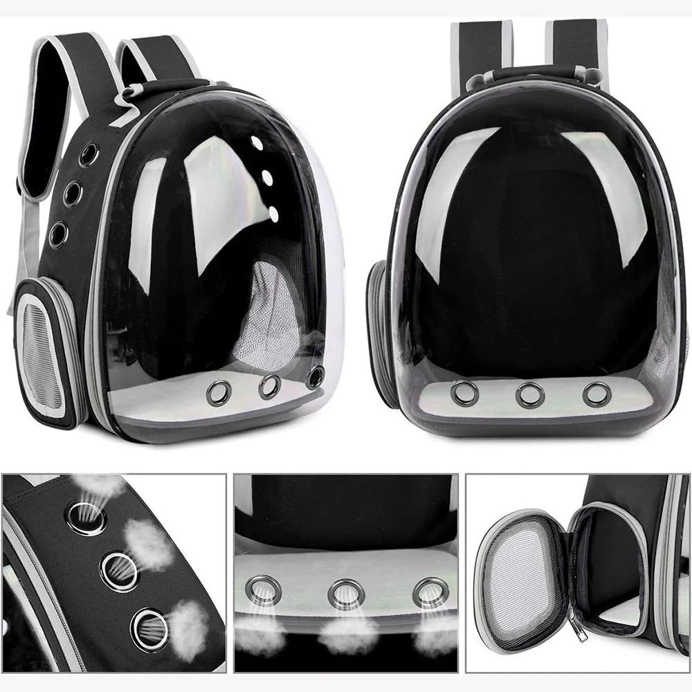 Black pet carrier backpack with clear front and gray accents, shown from multiple angles.