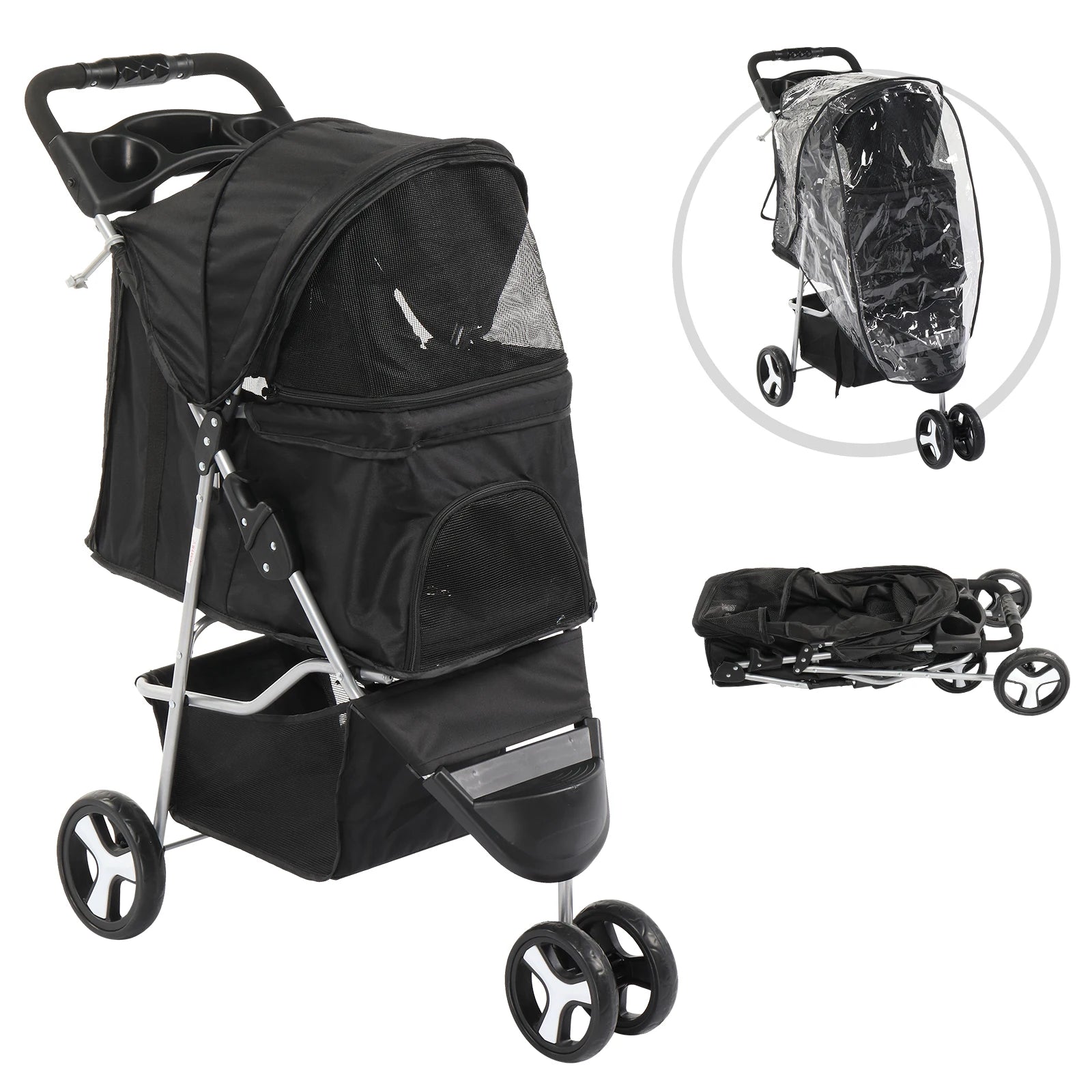 Black pet stroller with folded and rolled-up versions on a white background