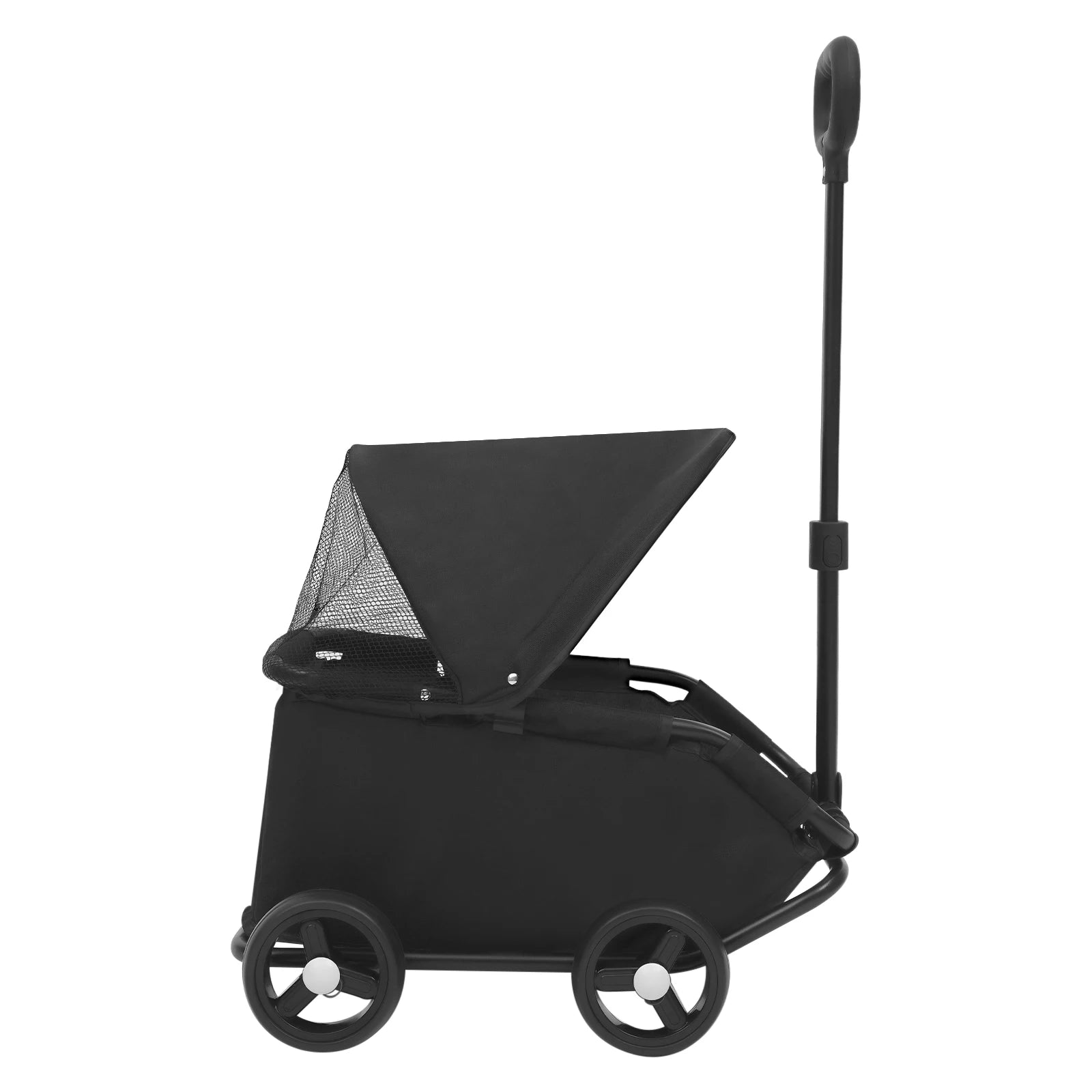 Black baby stroller with canopy on a white background