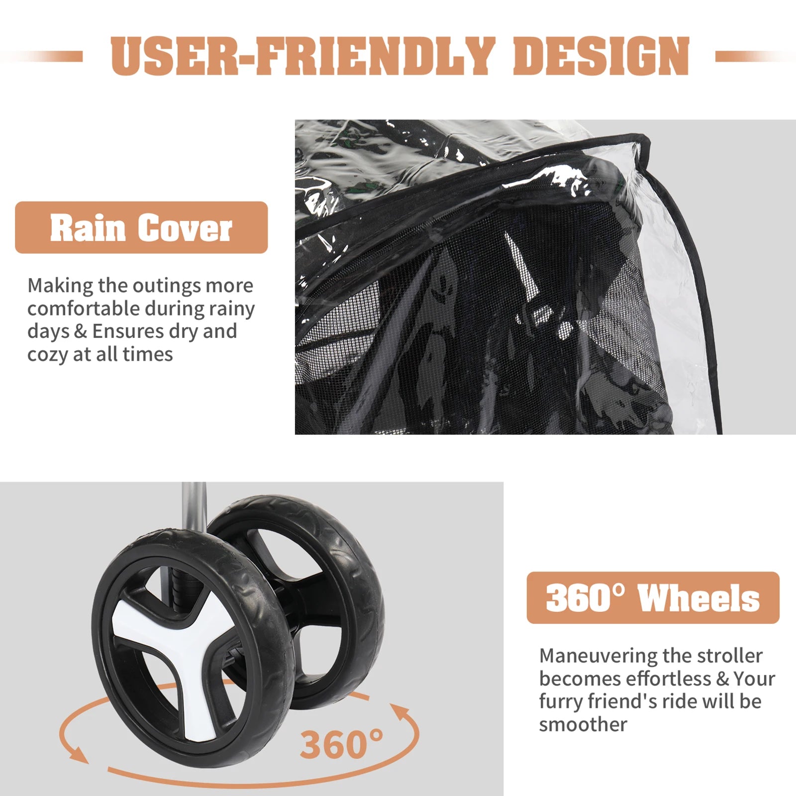 Stroller with rain cover and 360-degree wheels on a gray background