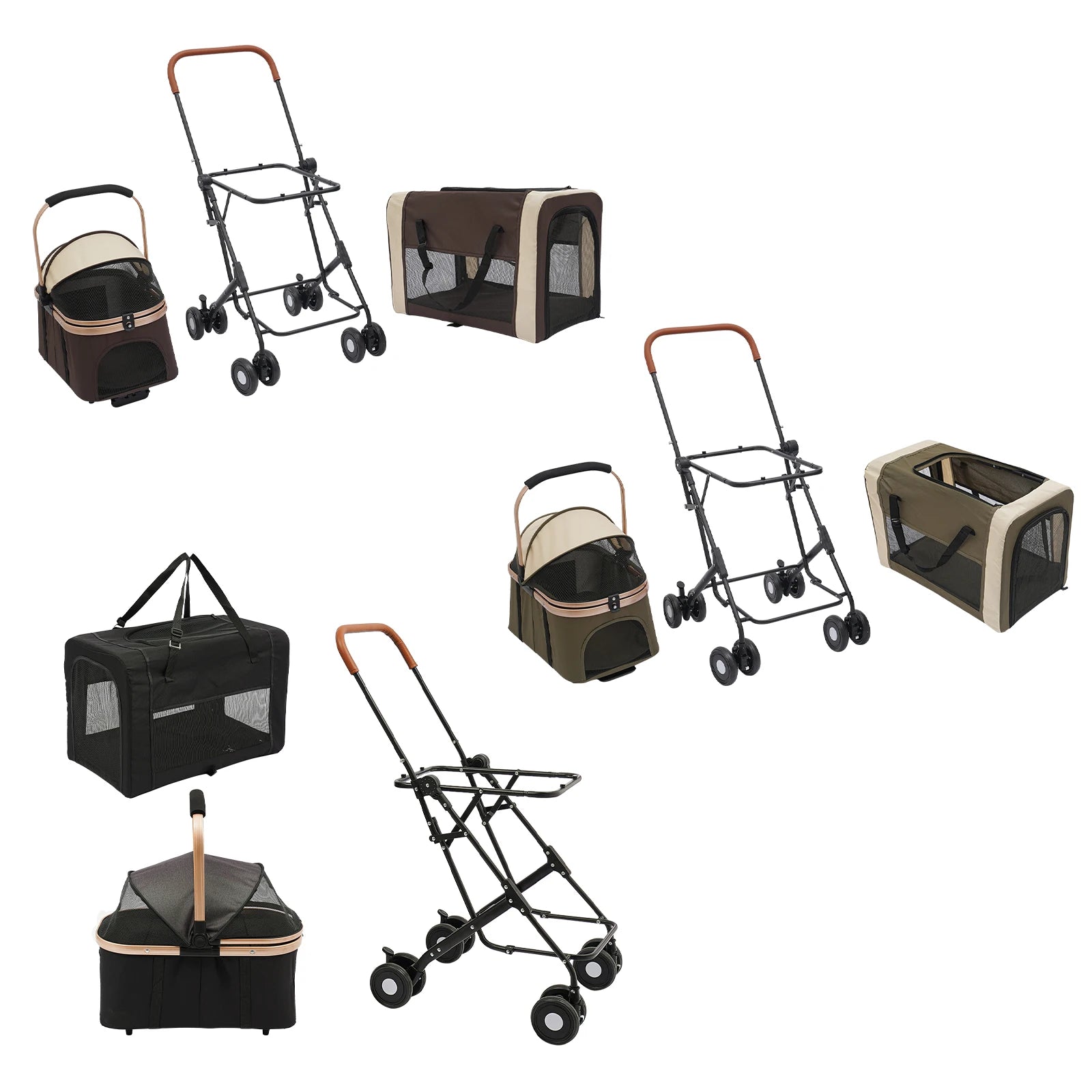 Collage of pet strollers and crates in various designs on a white background