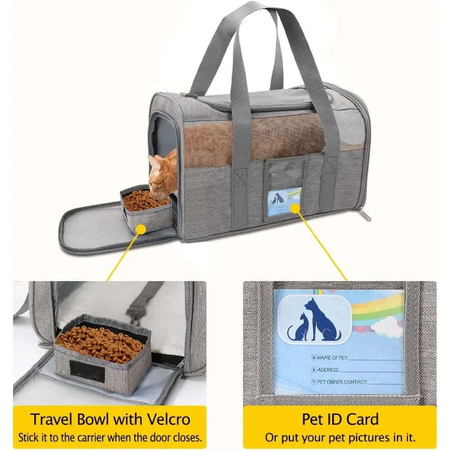 Pet carrier with travel bowl and pet ID card on a white background