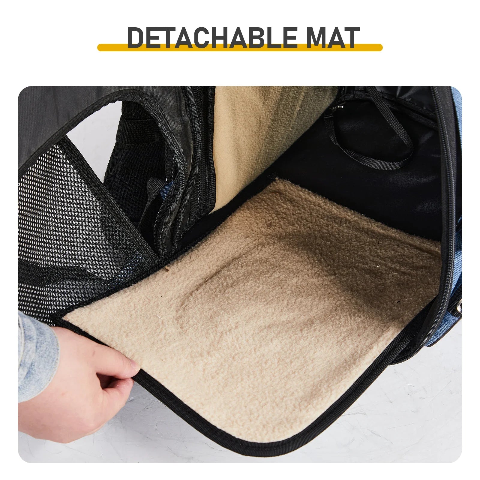 Detachable mat being placed into a pet carrier with text 'Detachable Mat'.