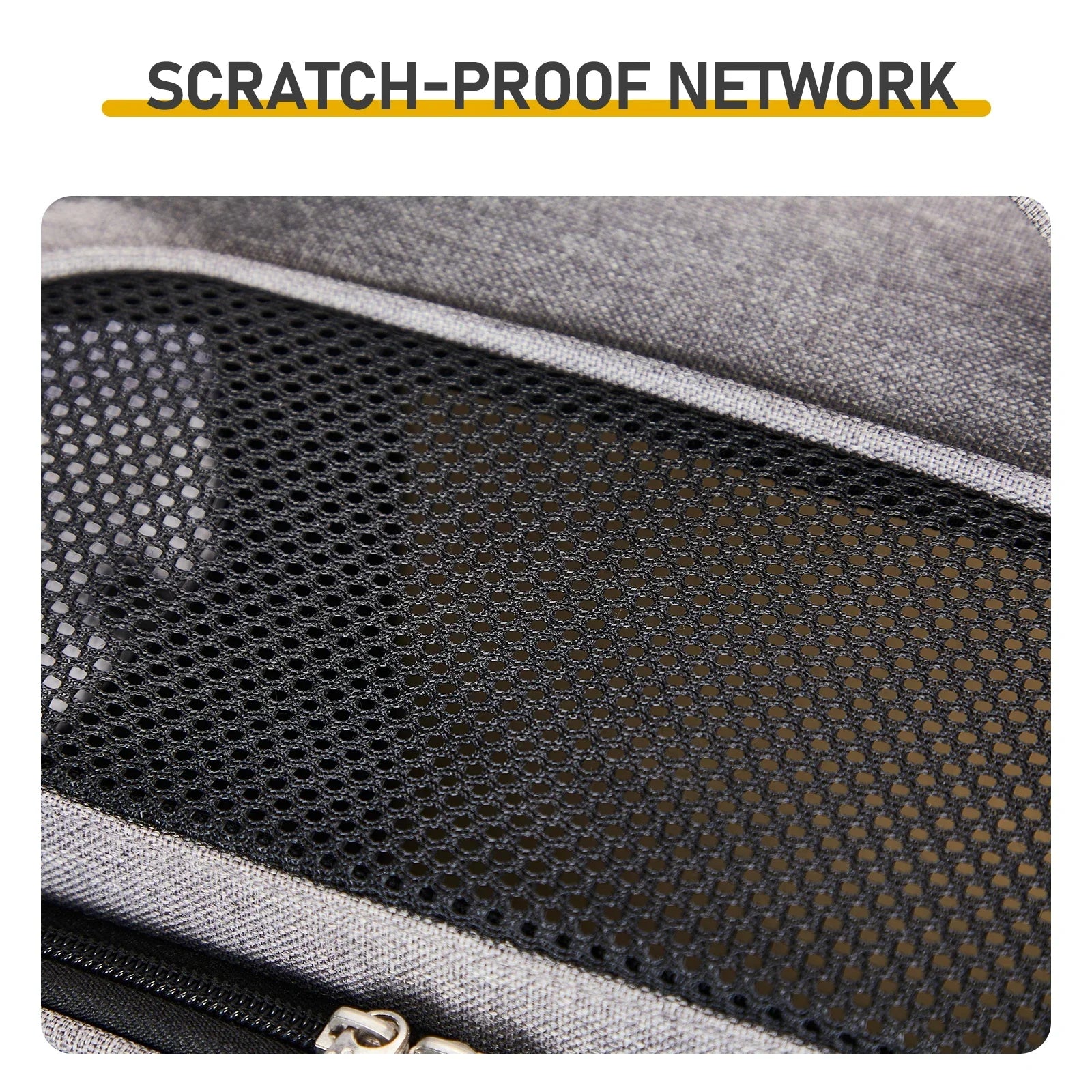 Scratch-proof network material on a product with text overlay