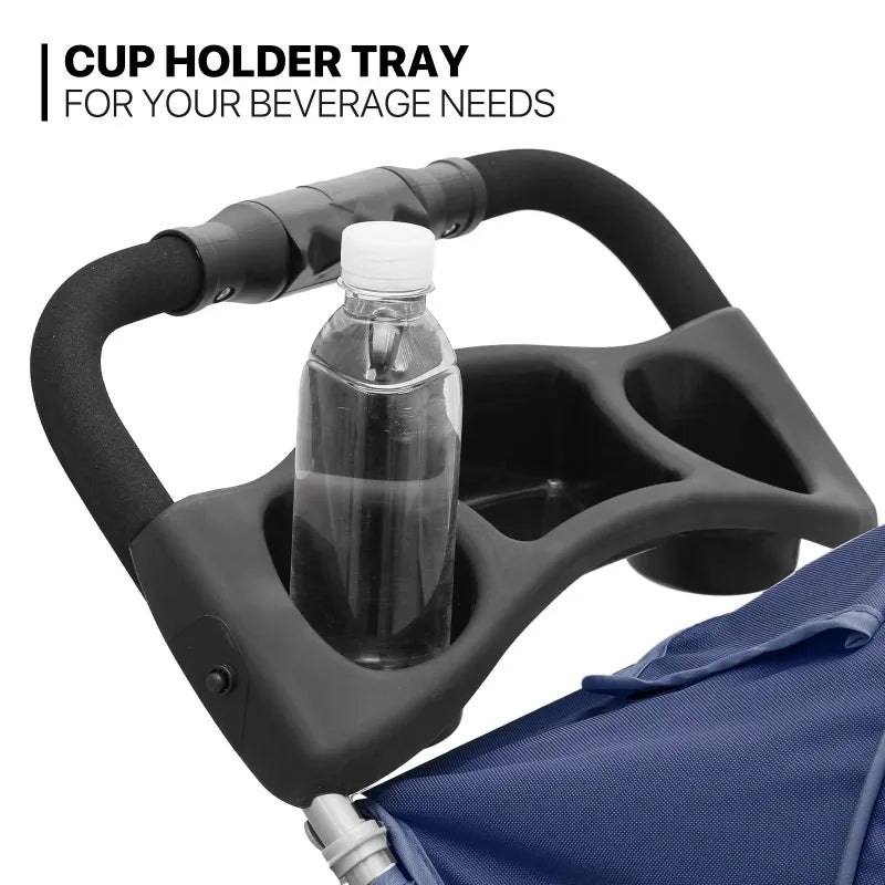 Cup holder tray attached to a blue bag with a water bottle inside, on a white background.