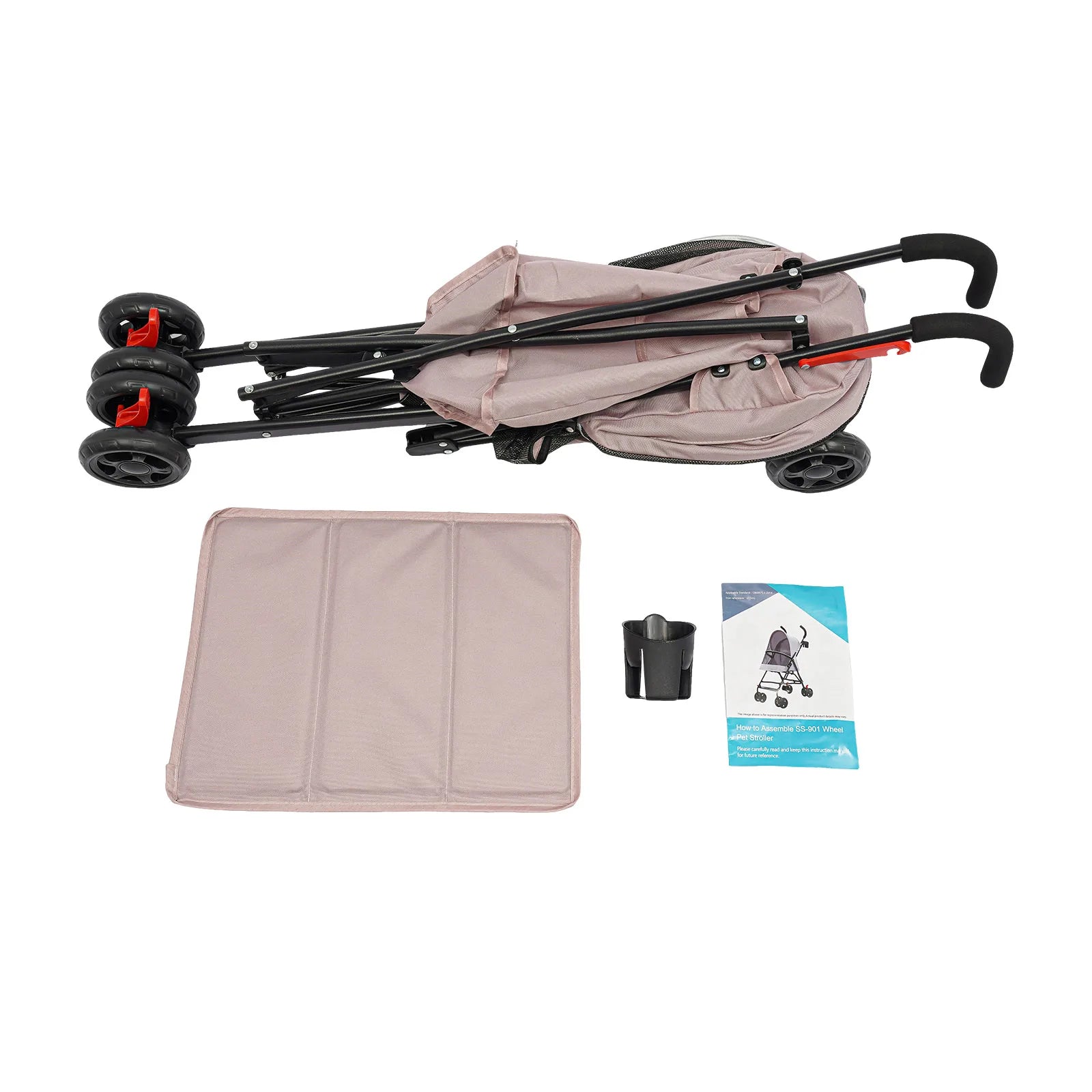 Baby stroller parts including a folded stroller, seat cover, cup holder, and manual on a white background.