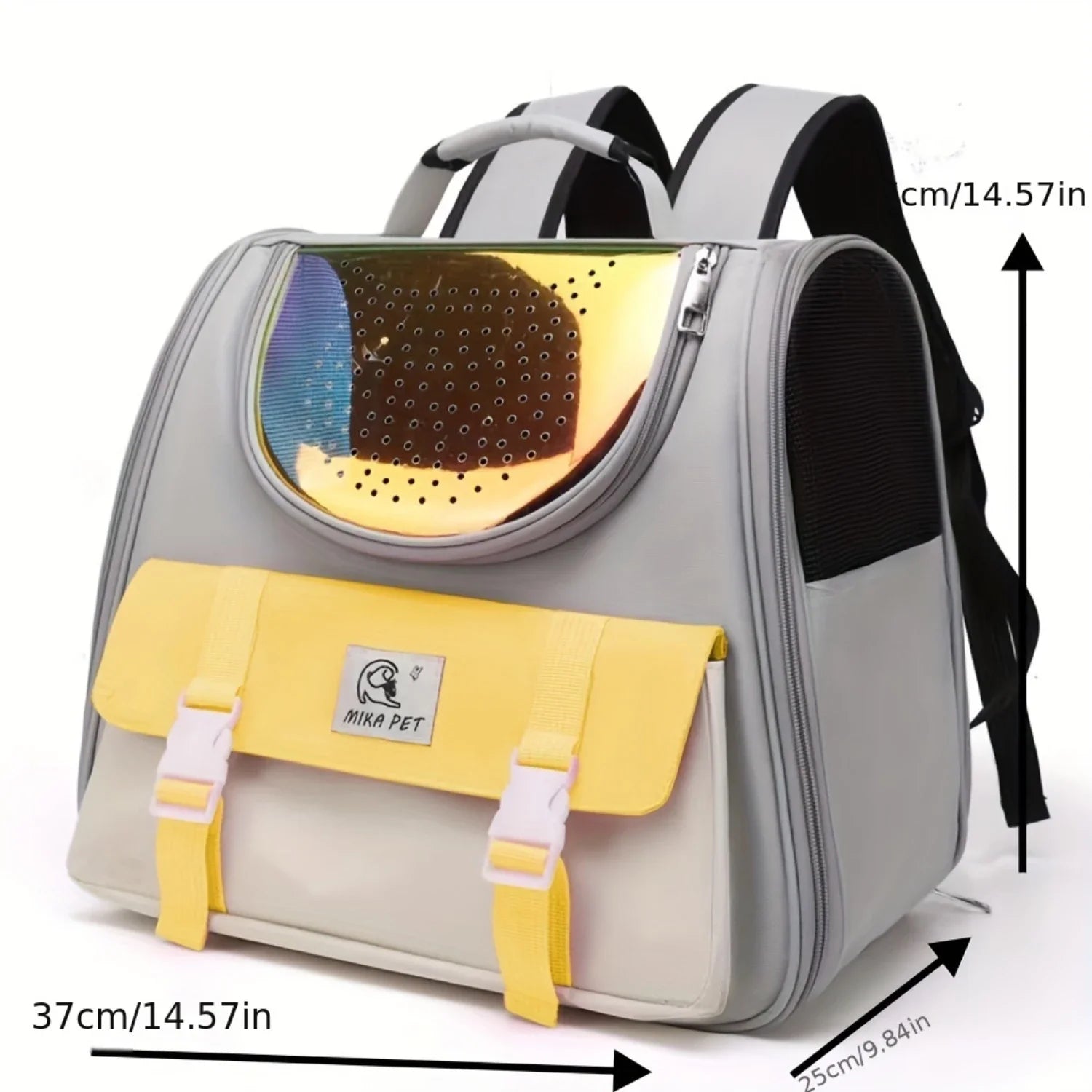 Gray and yellow pet carrier with dimensions indicated on a white background