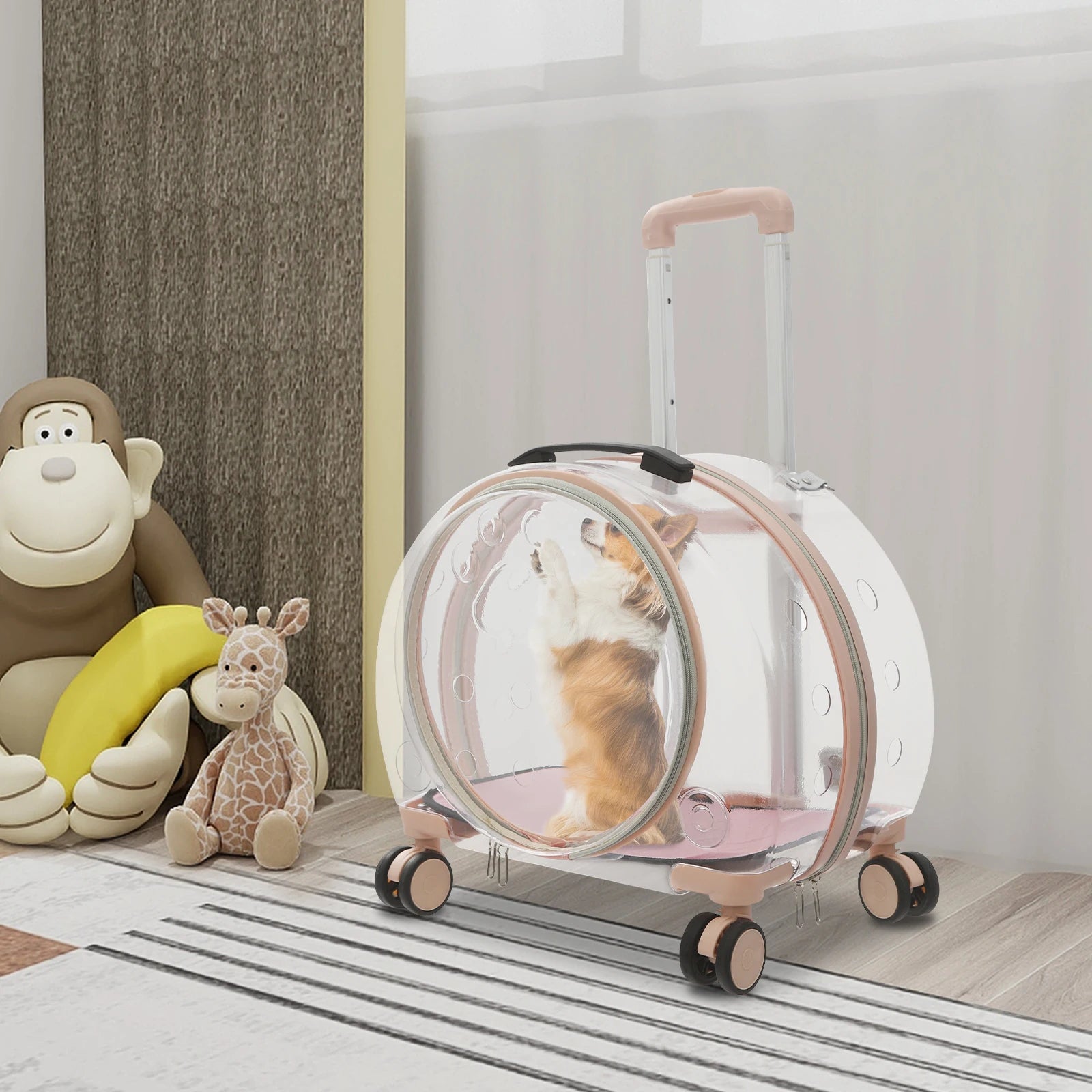 Pet carrier with a dog inside, surrounded by plush toys on a carpeted floor.