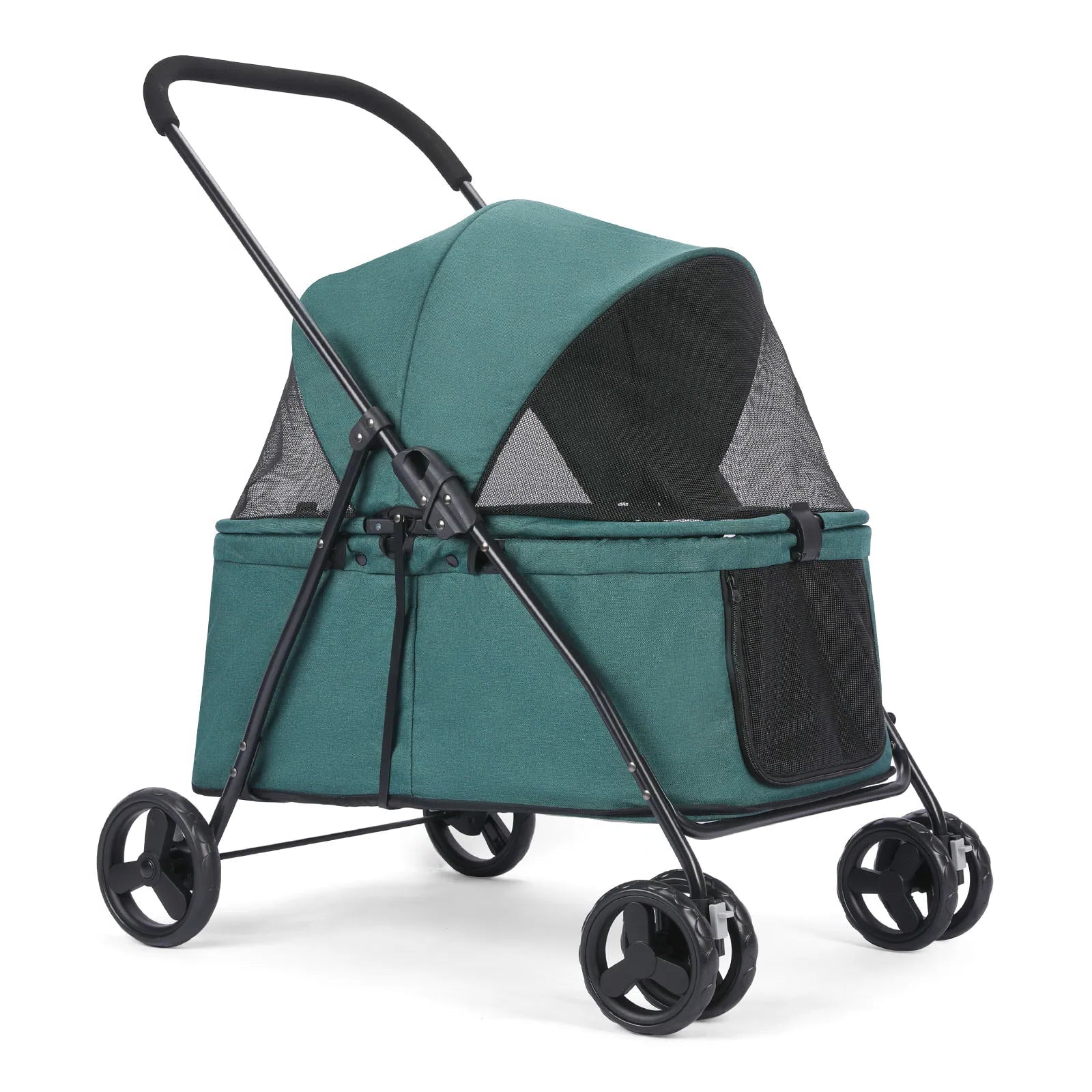 Teal pet stroller with black wheels on a white background