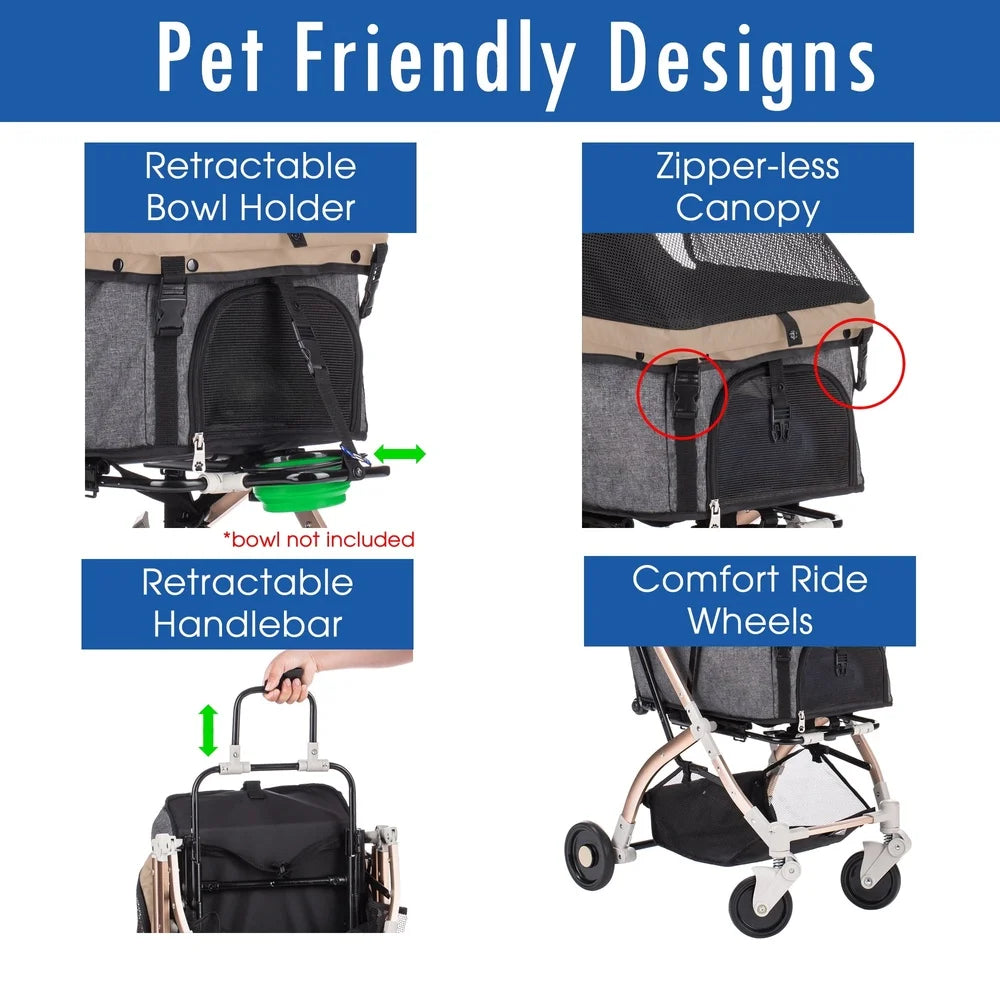 Pet stroller with features highlighted on a white background