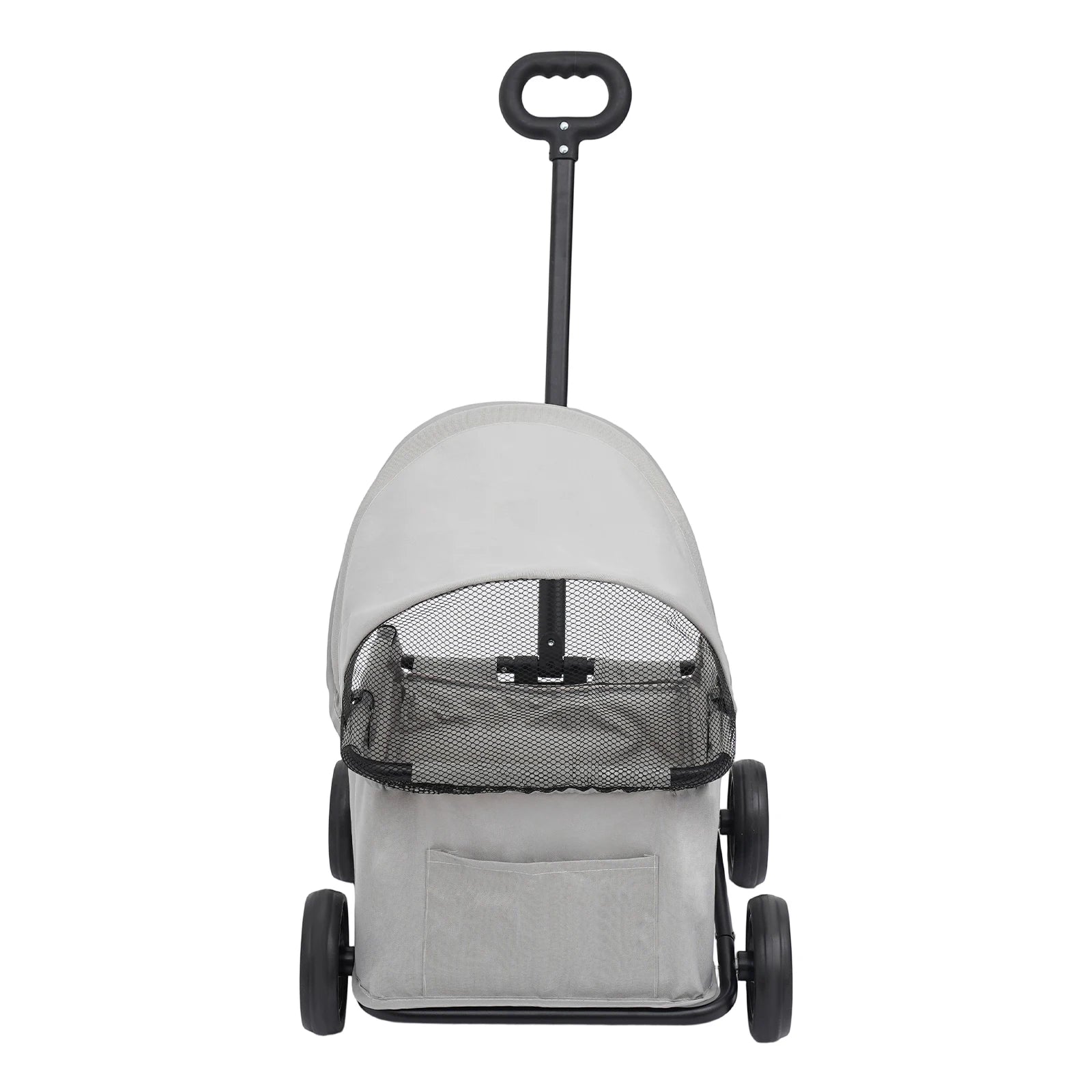Gray pet stroller with wheels and a handle on a white background