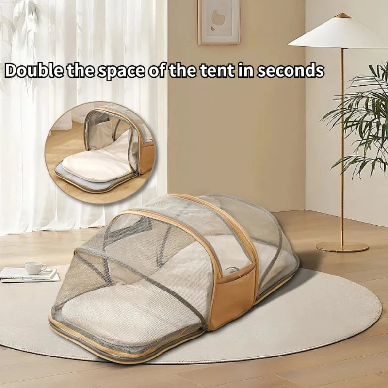 Portable tent with mesh cover on a wooden floor, with text 'Double the space of the tent in seconds'.
