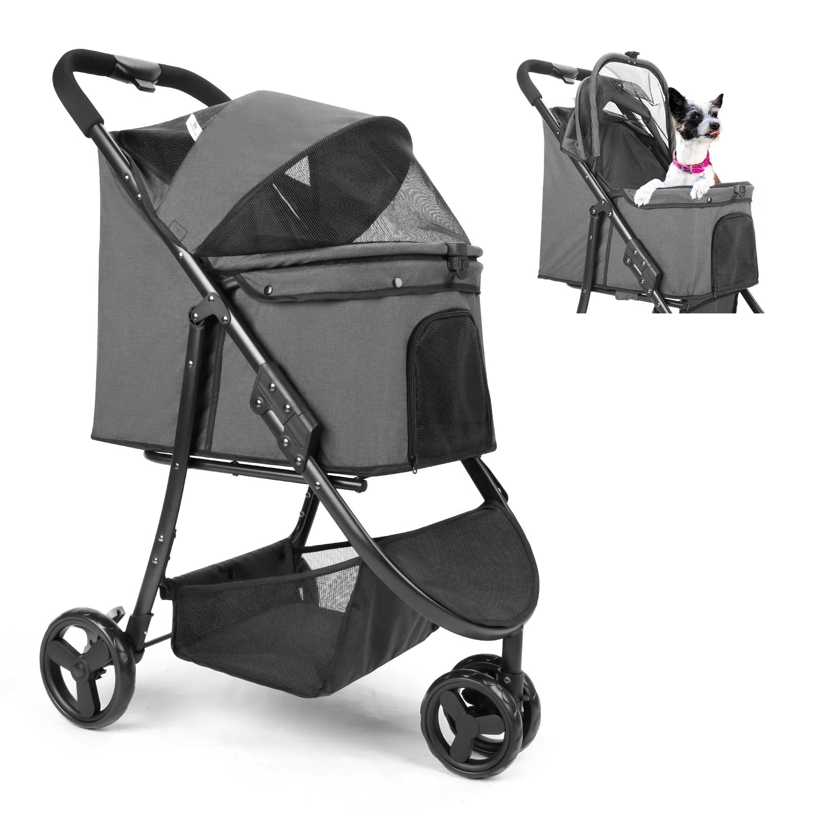 Pet stroller with a dog inside and another dog standing next to it on a white background